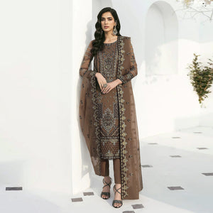 Brown Floral Embroidered Georgette Semi Stitched Pakistani Suit