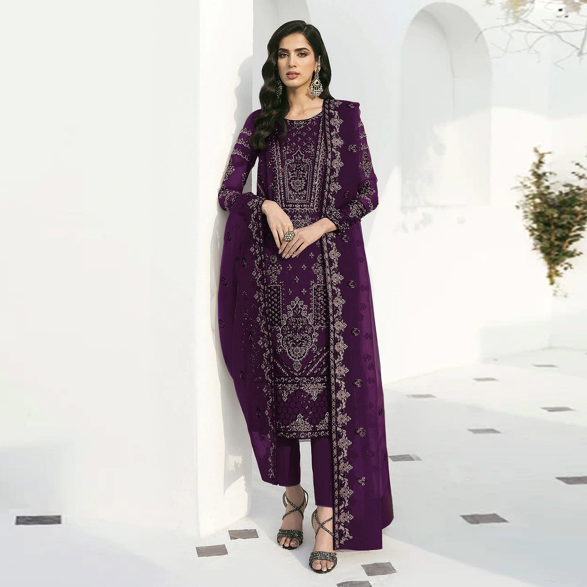 Purple Floral Embroidered Georgette Semi Stitched Pakistani Suit