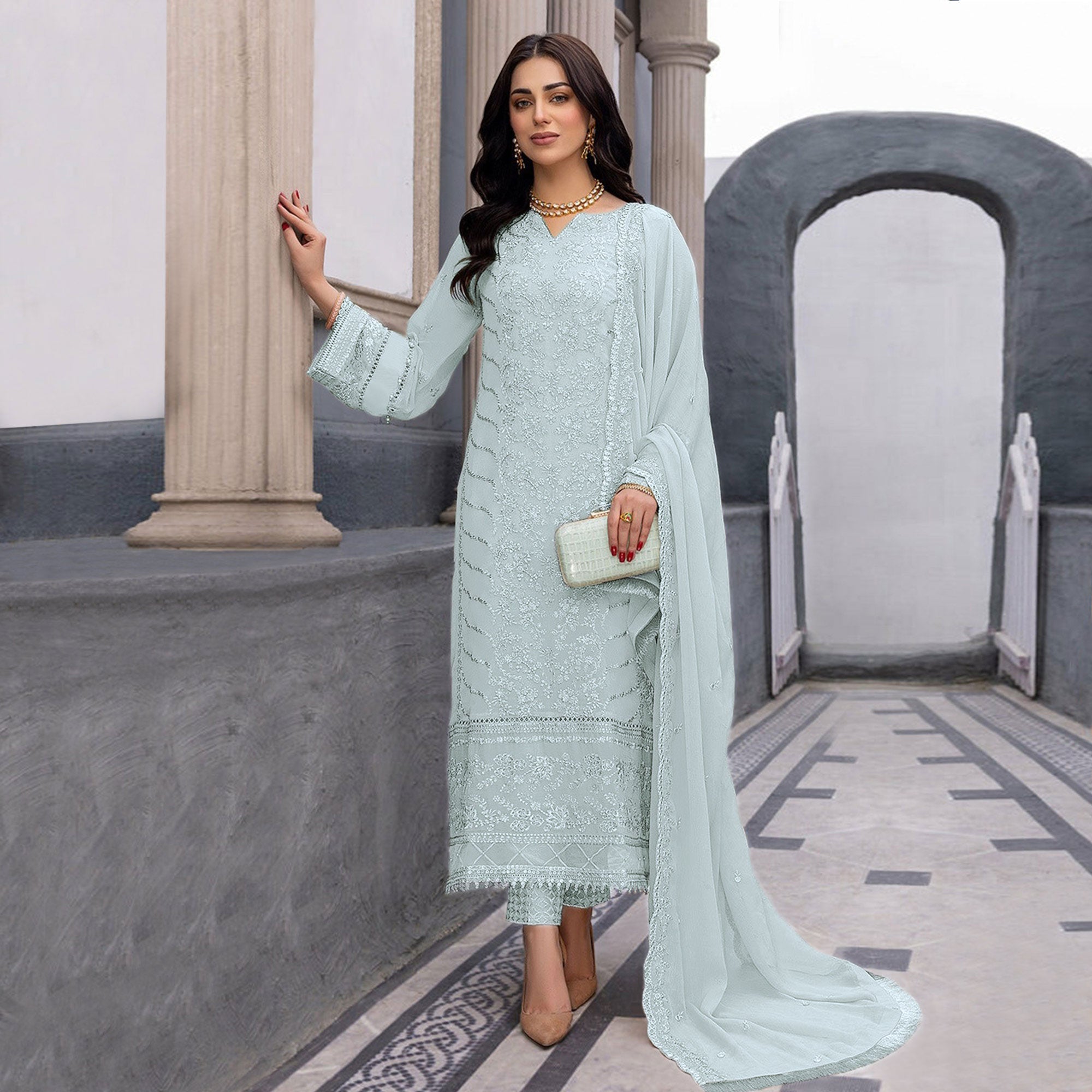 Teal Grey Floral Embroidered Georgette Semi Stitched Suit