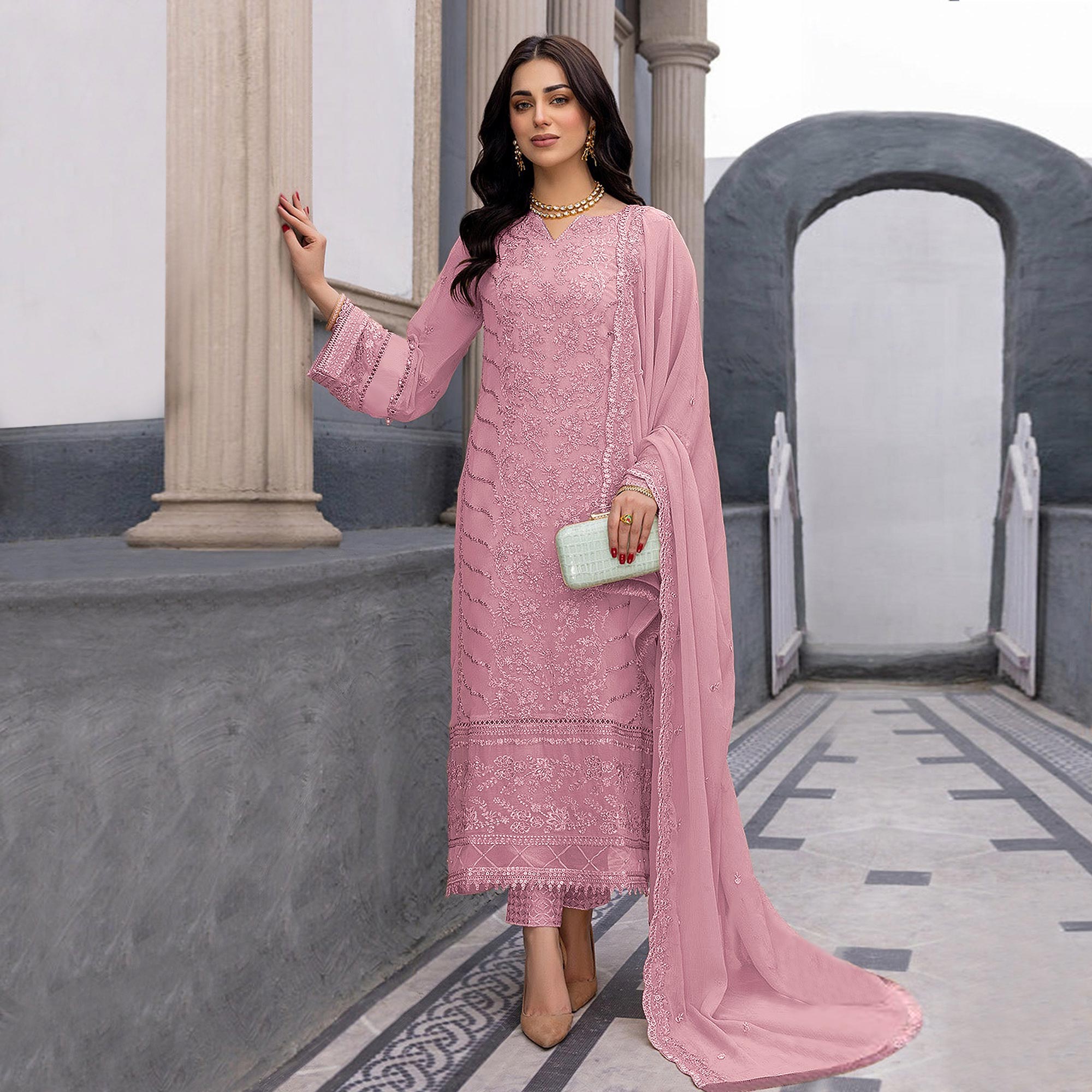 Pink Floral Embroidered Georgette Semi Stitched Suit