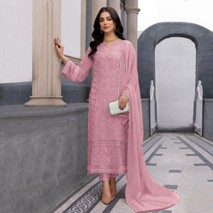 Pink Floral Embroidered Georgette Semi Stitched Suit