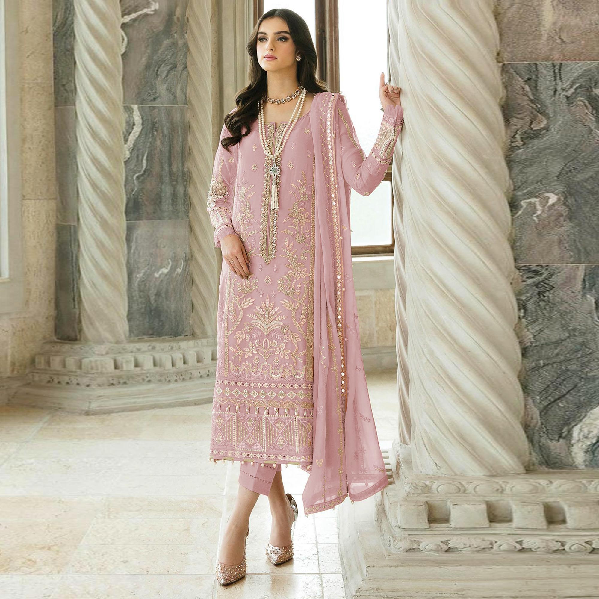 Peach Floral Sequins Embroidered Georgette Semi Stitched Suit