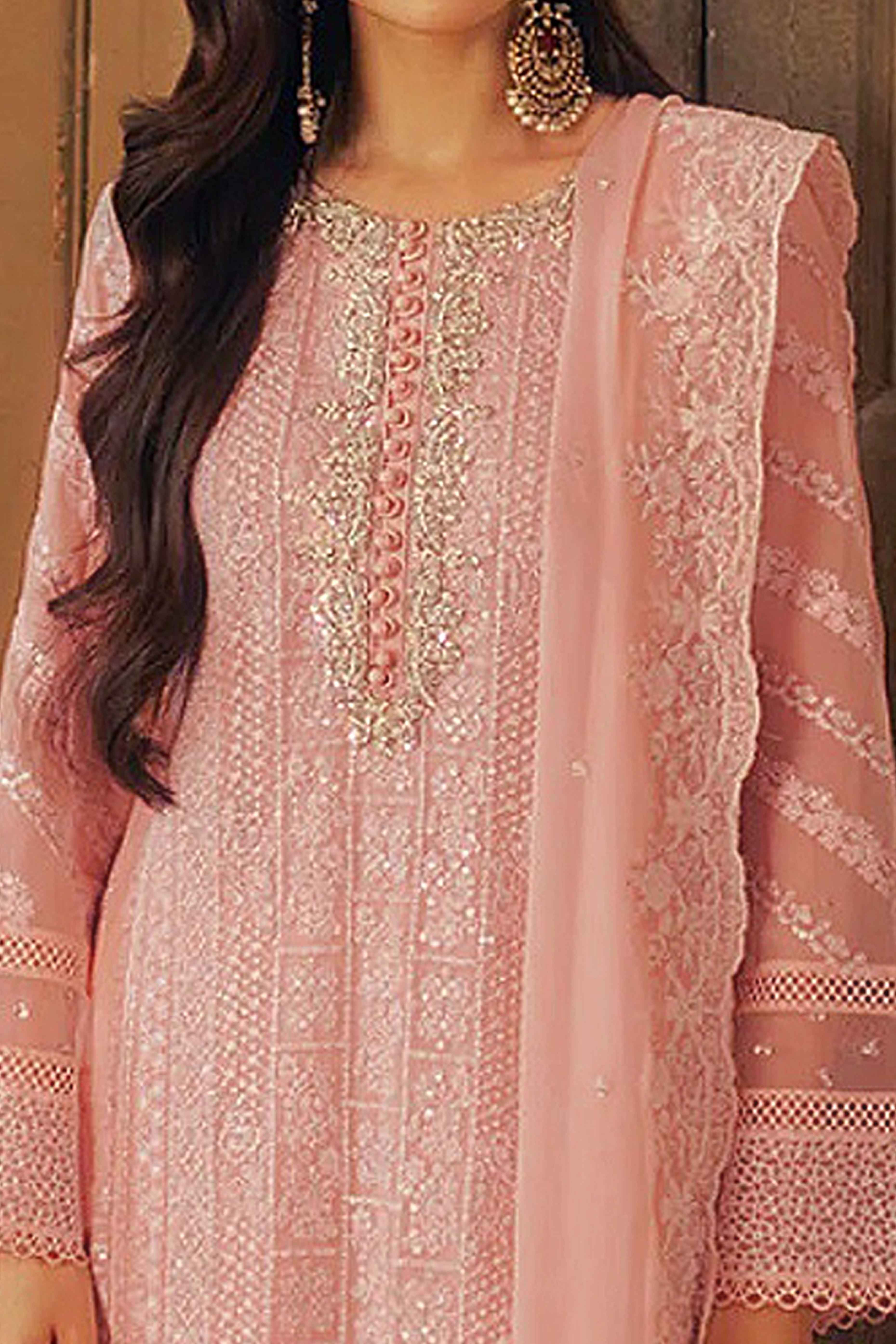 Peach Embroidered Georgette Semi-Stitched Pakistani Suit