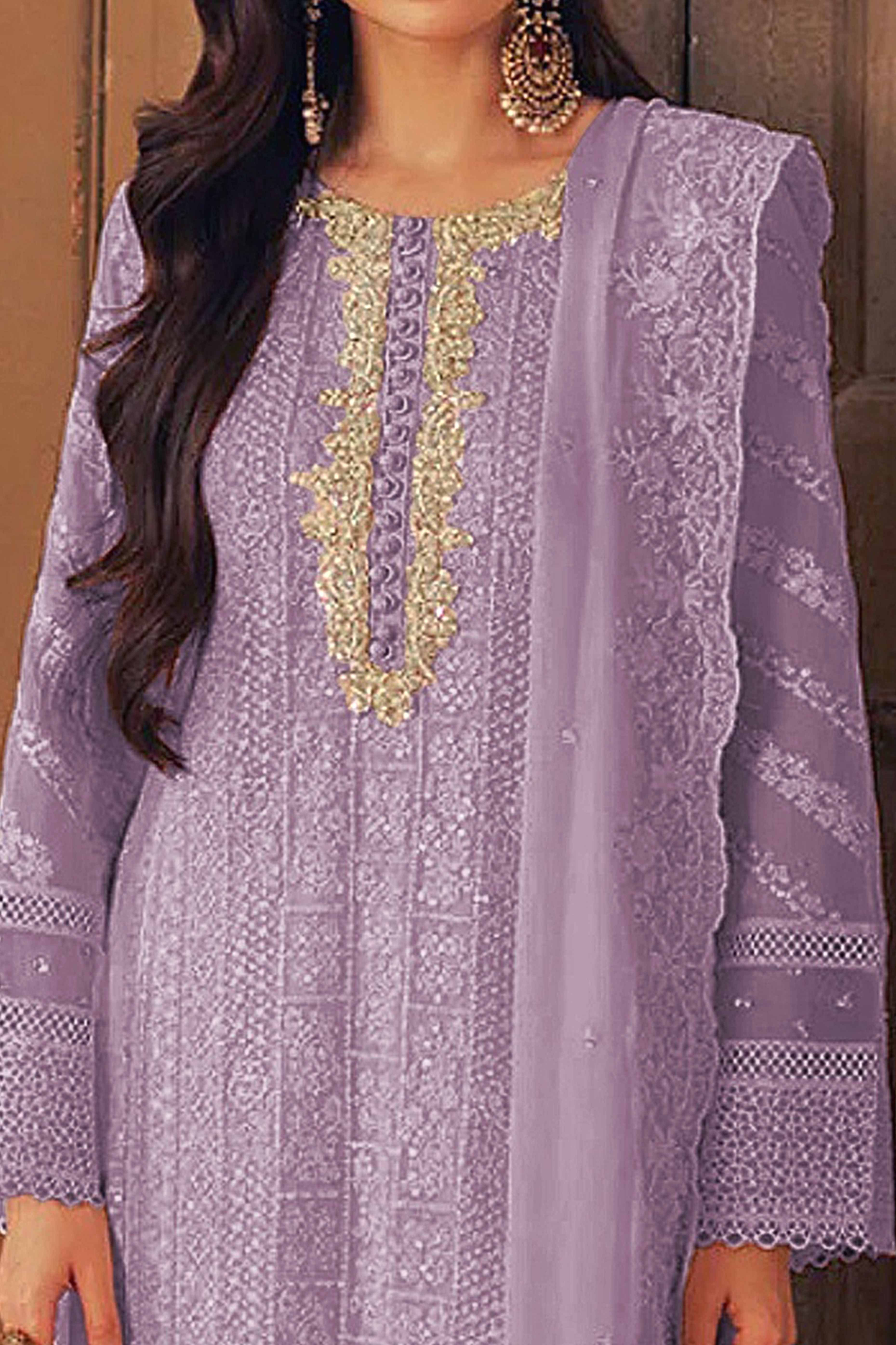 Purple Embroidered Georgette Semi-Stitched Pakistani Suit