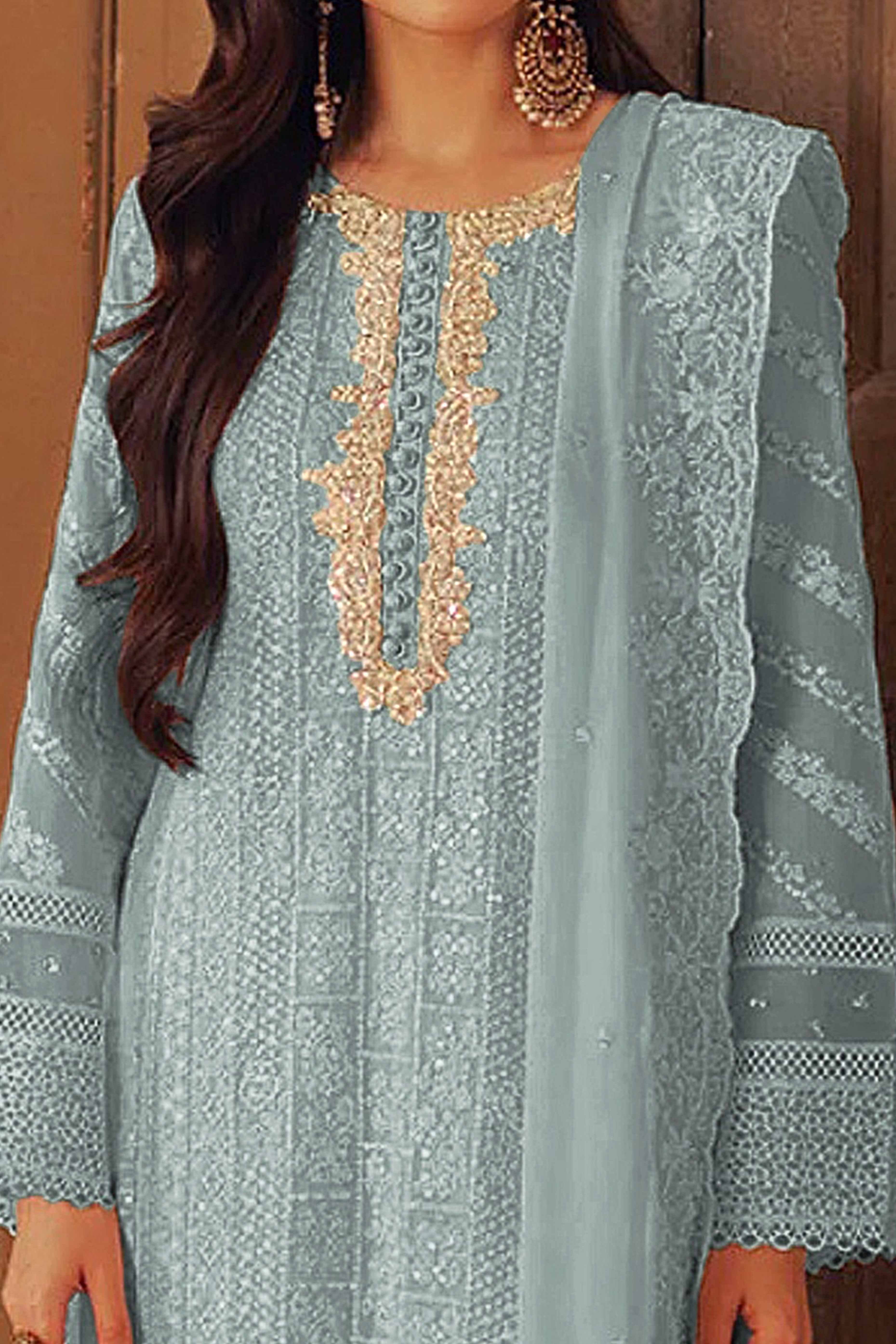 Sea Blue Embroidered Georgette Semi-Stitched Pakistani Suit