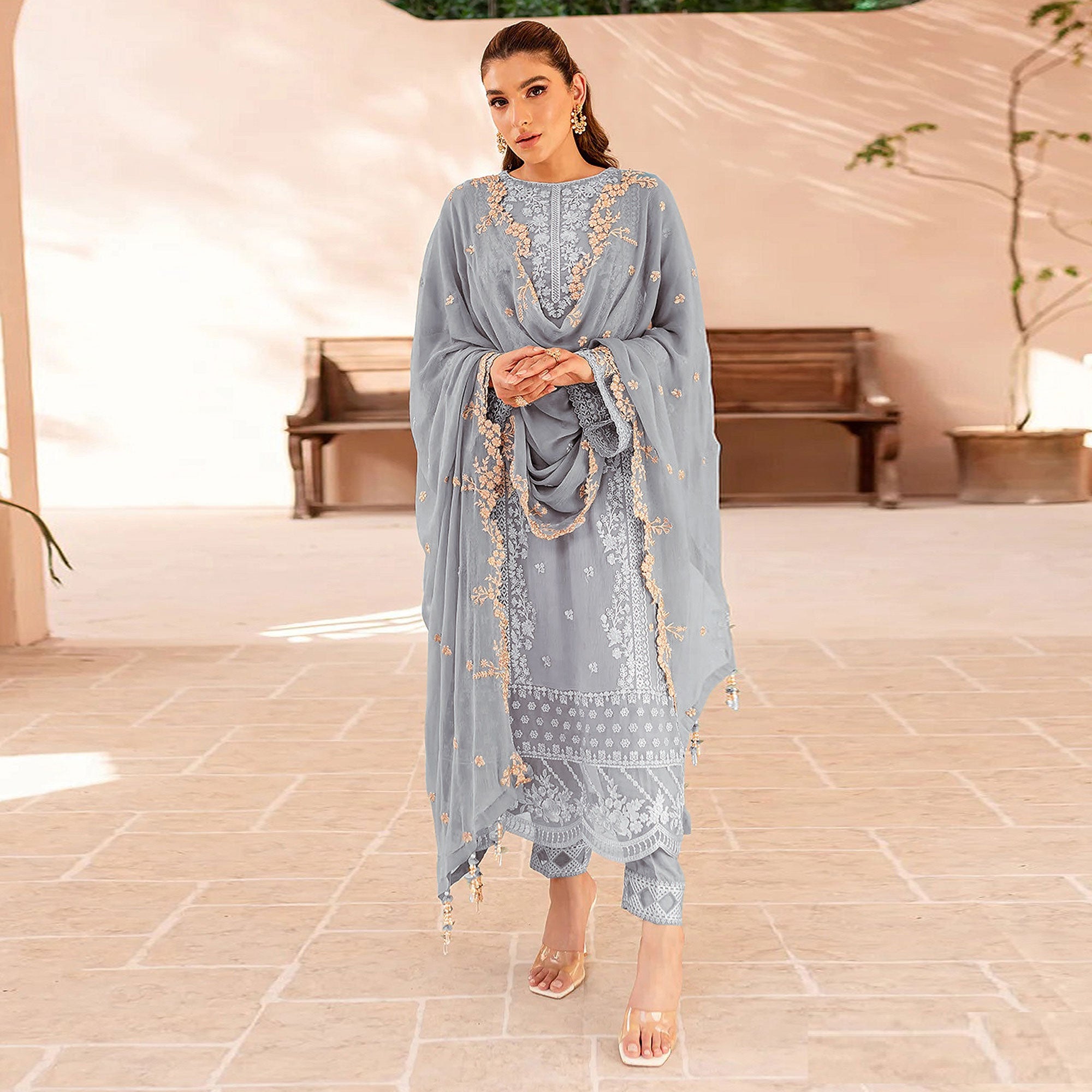 Sky Blue Floral Sequins Embroidered Georgette Semi Stitched Pakistani Suit