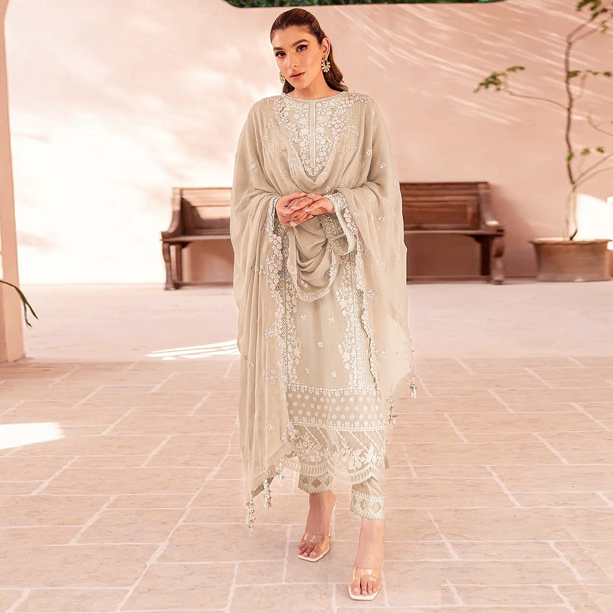 Cream Floral Sequins Embroidered Georgette Semi Stitched Pakistani Suit