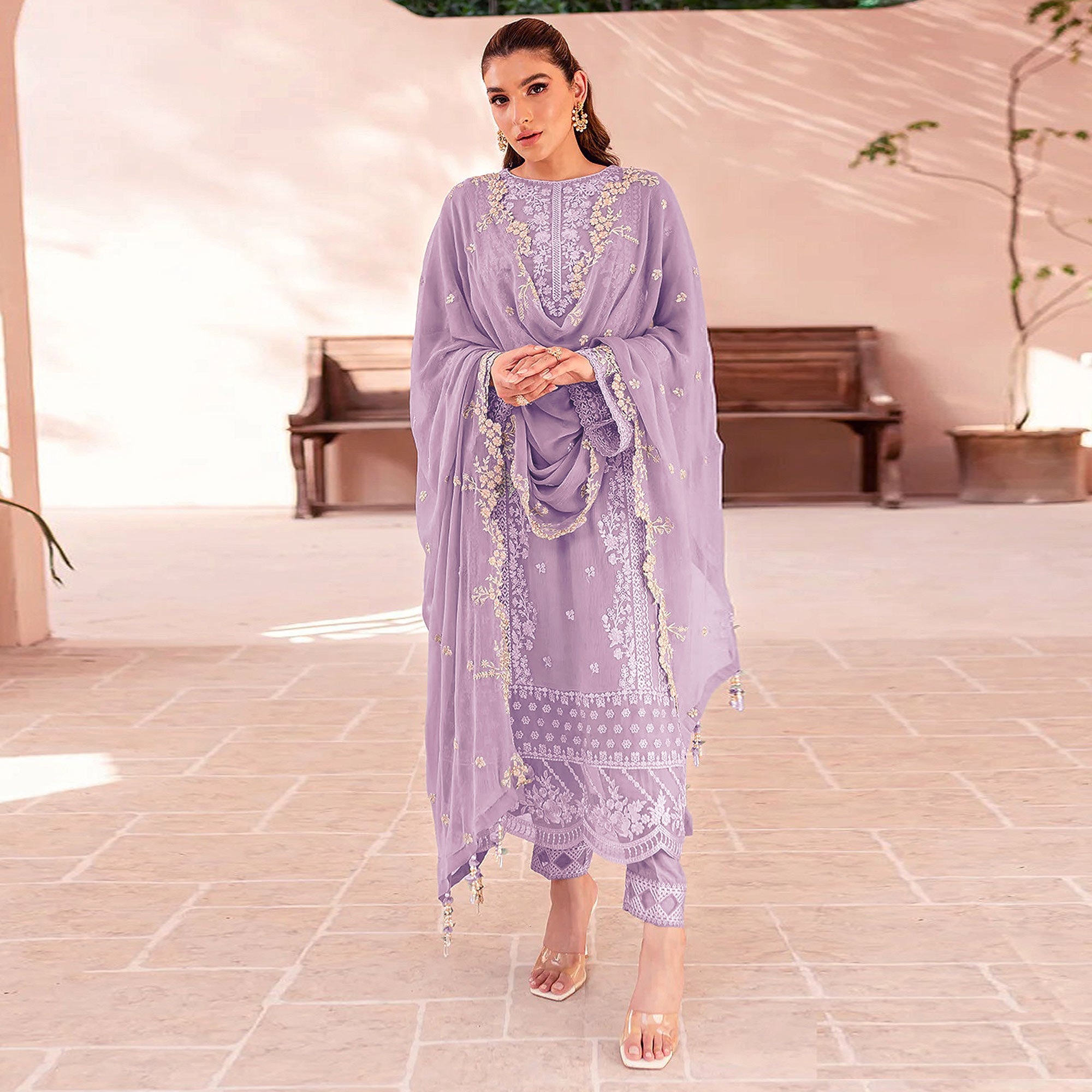 Lavender Floral Sequins Embroidered Georgette Semi Stitched Pakistani Suit