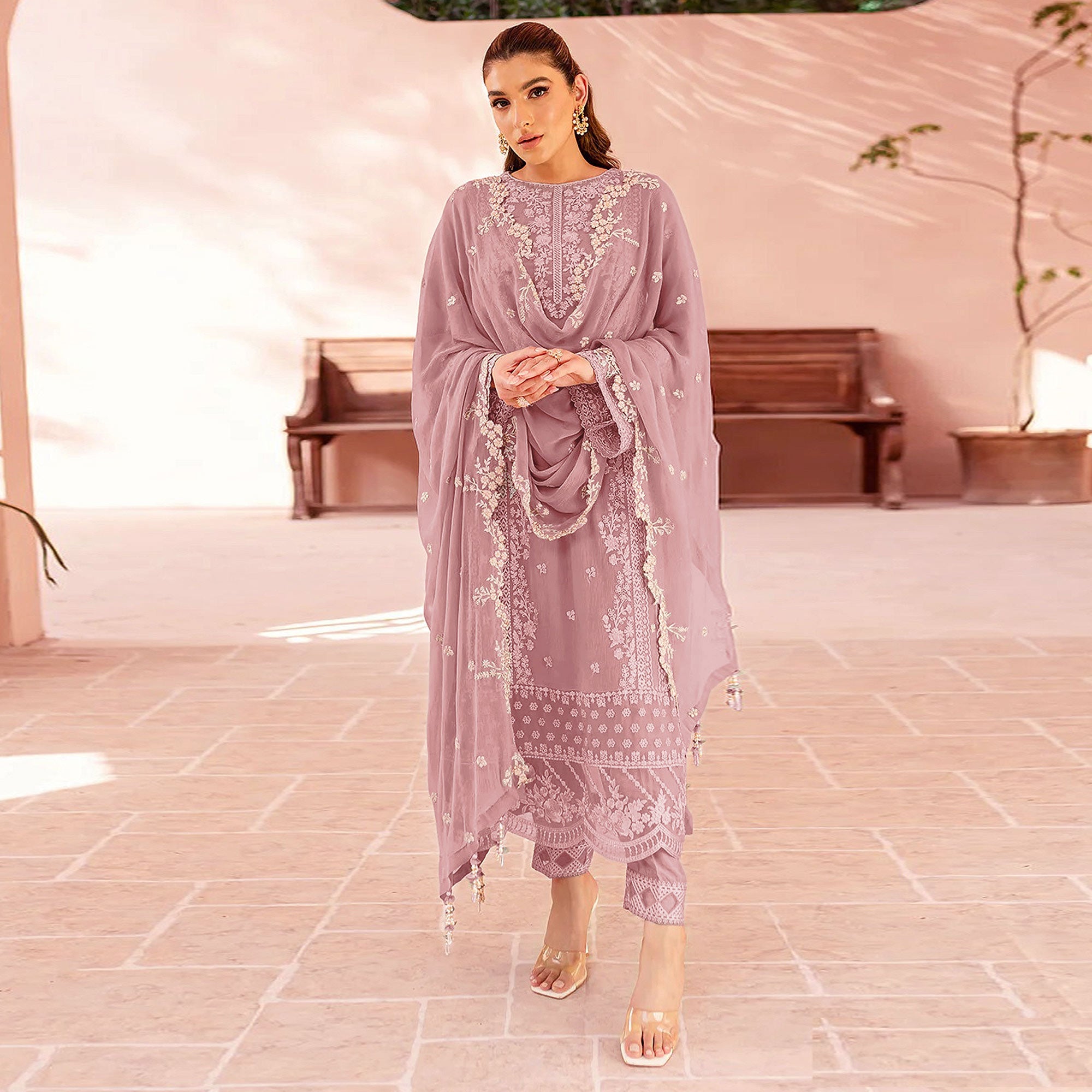 Mauve Floral Sequins Embroidered Georgette Semi Stitched Pakistani Suit