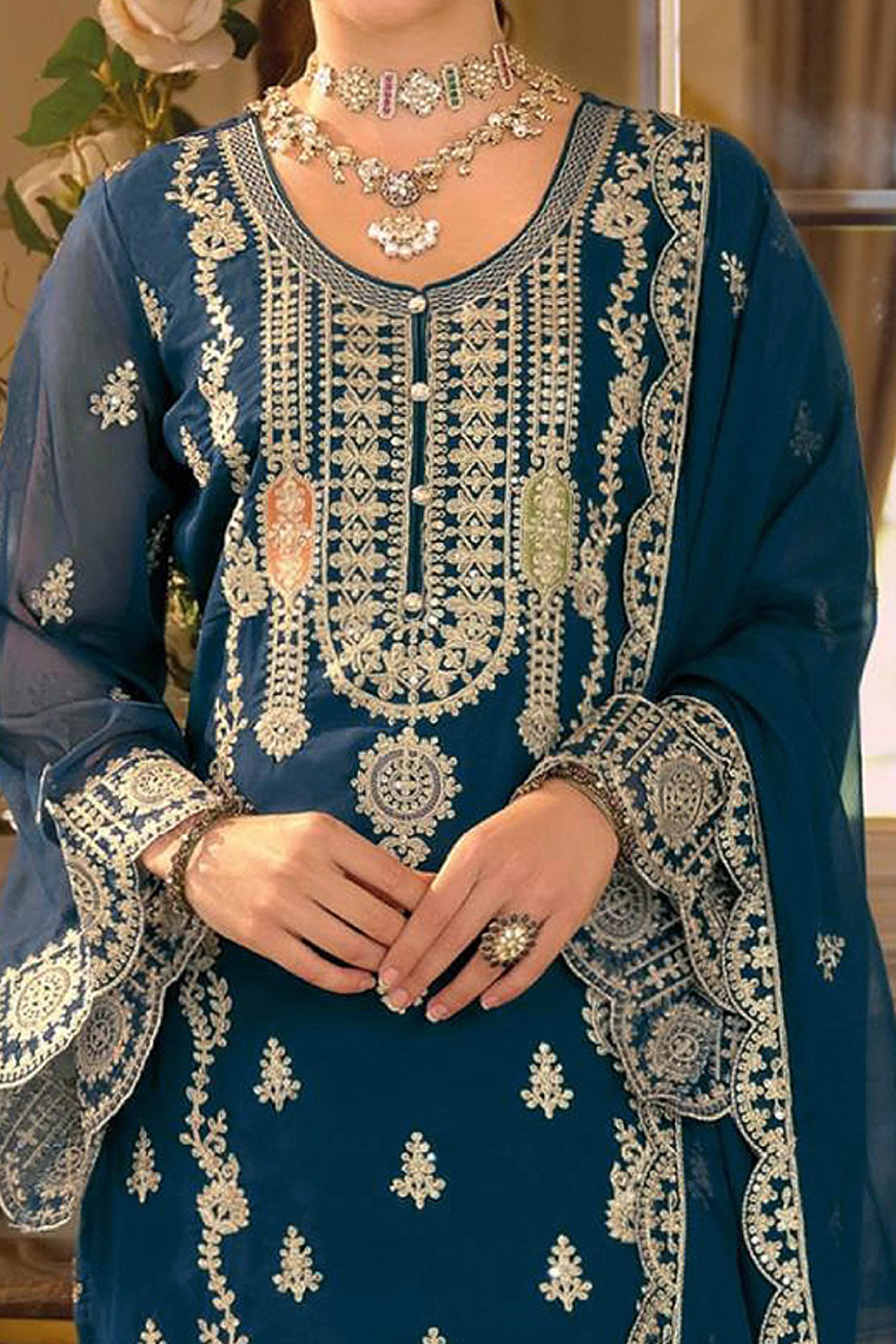 Teal Chinon Semi-Stitched Pakistani Salwar Suit with Elegant Golden Thread Embroidery
