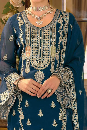 Teal Chinon Semi-Stitched Pakistani Salwar Suit with Elegant Golden Thread Embroidery