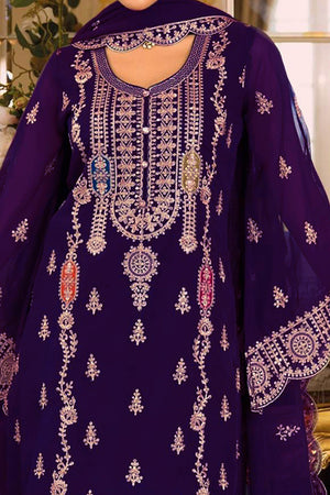 Violet Chinon Semi-Stitched Pakistani Salwar Suit with Elegant Golden Thread Embroidery