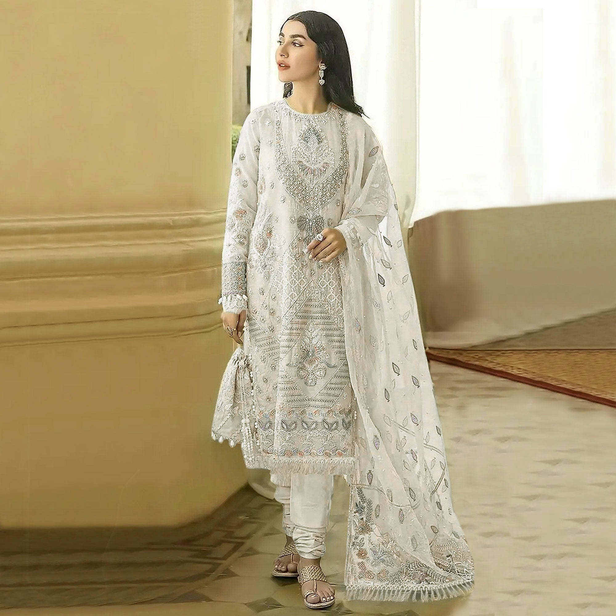 Cream Floral Embroidered Georgette Semi Stitched Pakistani Suit