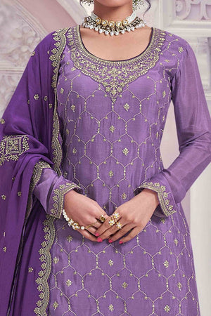 Lavender Sequins Embroidered Chinon Sharara Suit