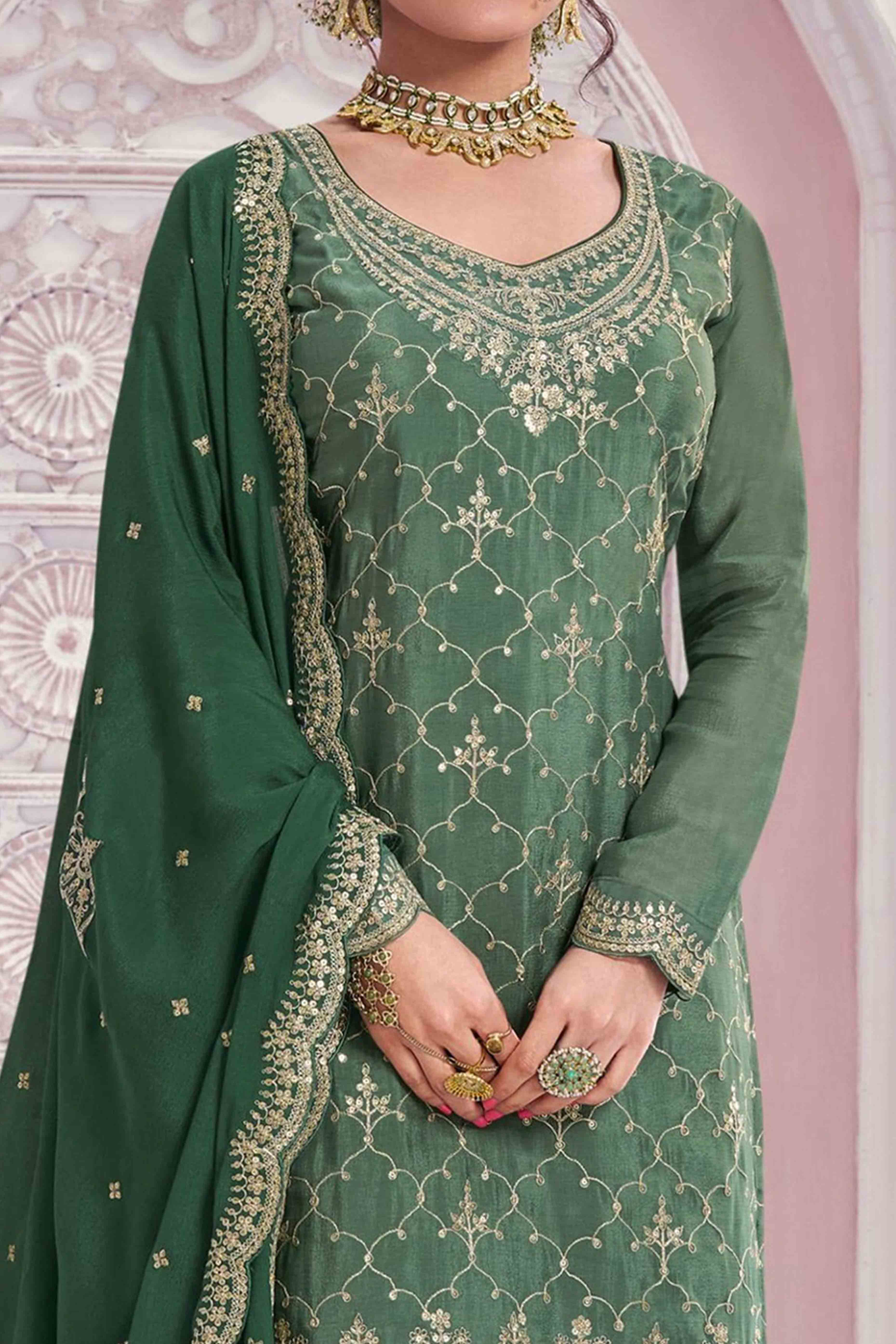 Green Sequins Embroidered Chinon Sharara Suit