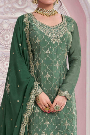 Green Sequins Embroidered Chinon Sharara Suit