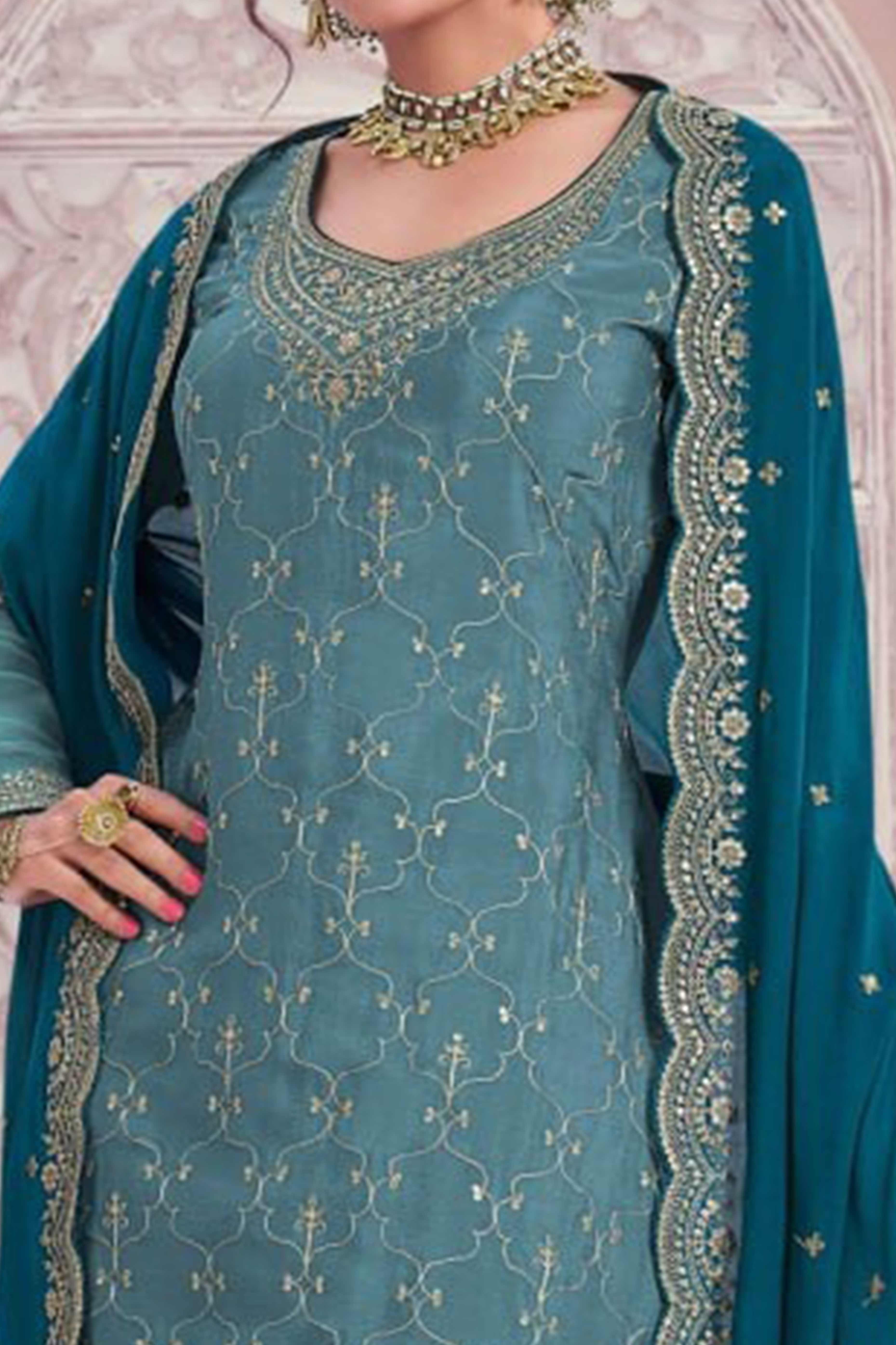 Blue Sequins Embroidered Chinon Sharara Suit