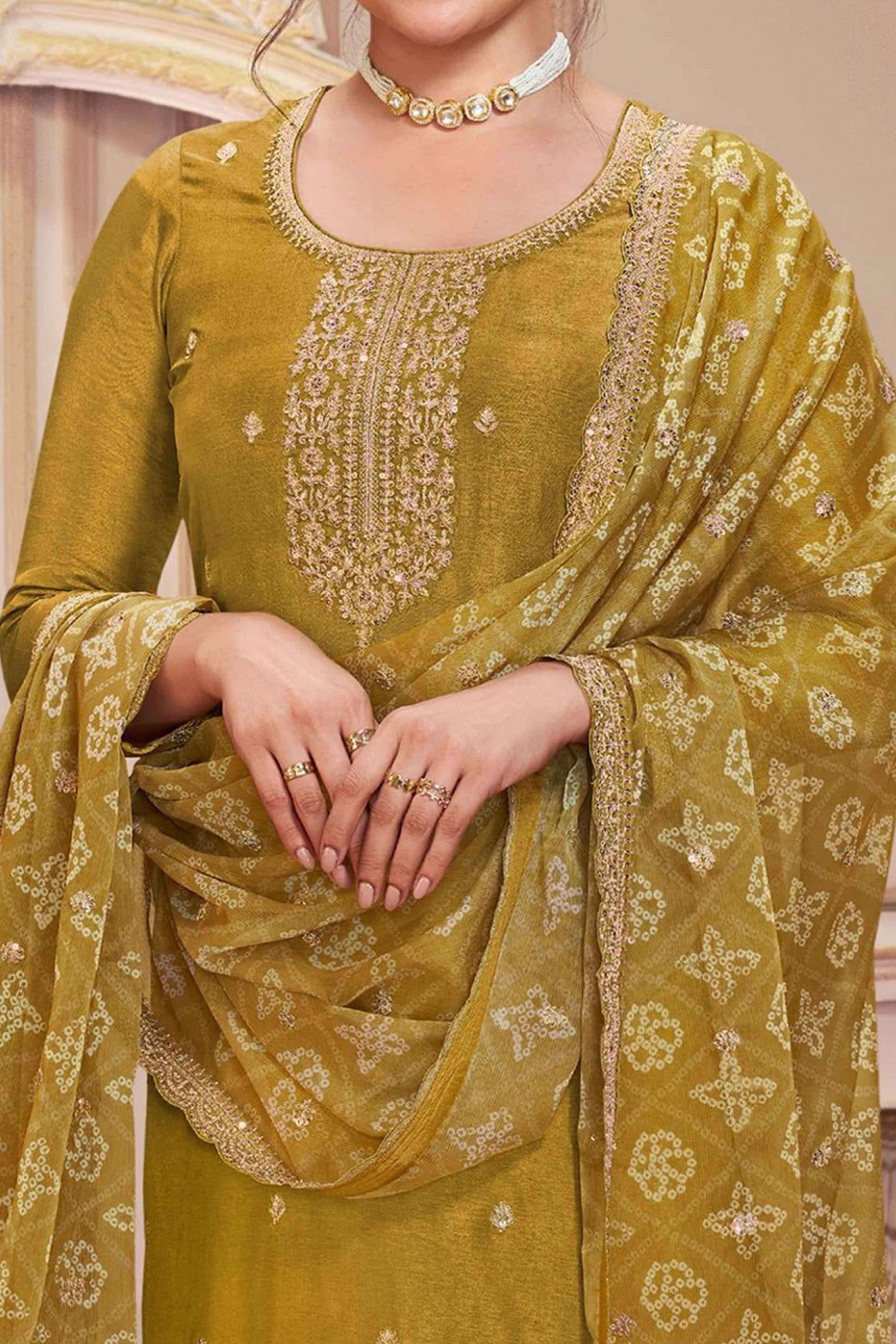 Mustard Embroidered Georgette Semi-Stitched Pakistani Suit