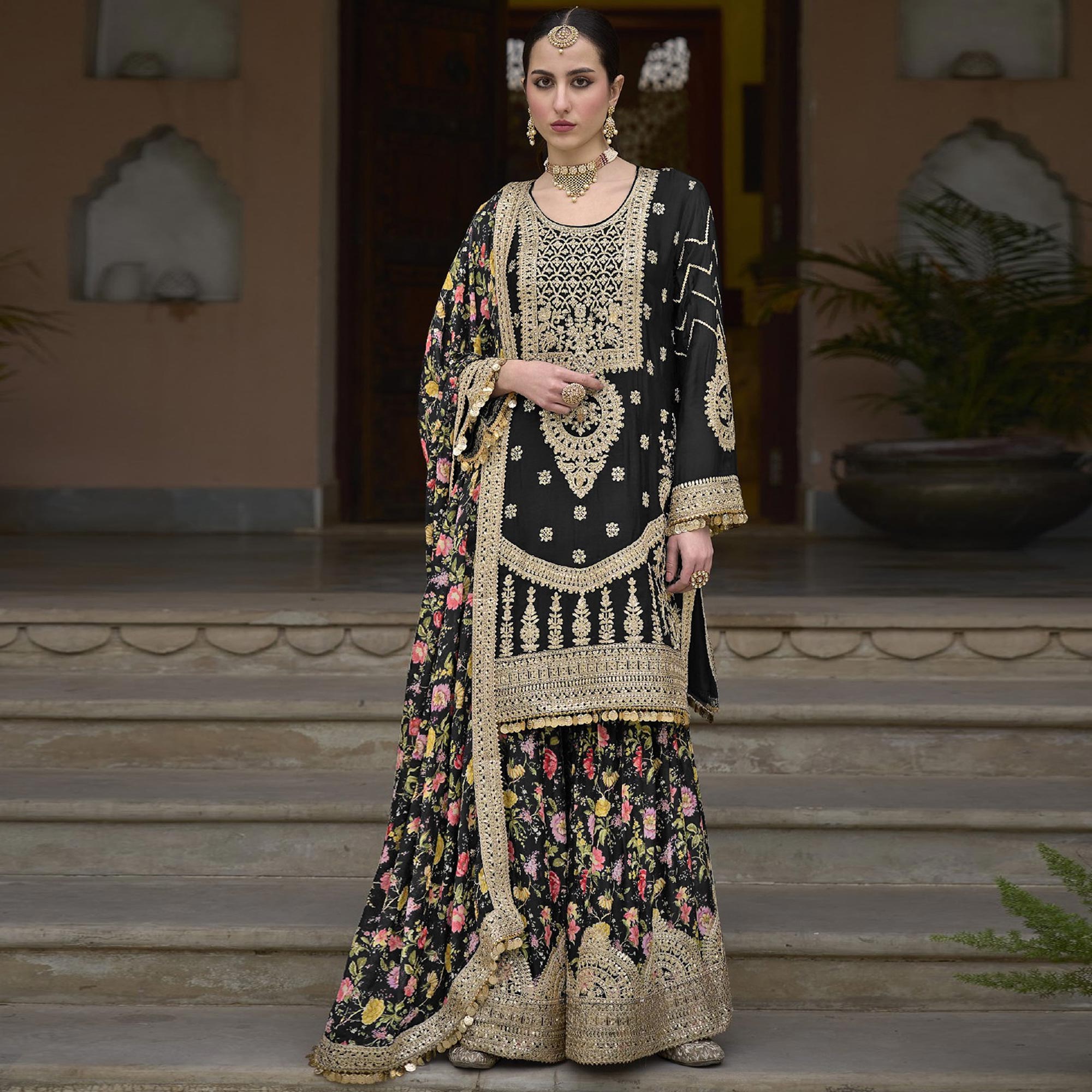 Black Floral Sequins Embroidered Chinon Salwar Suit