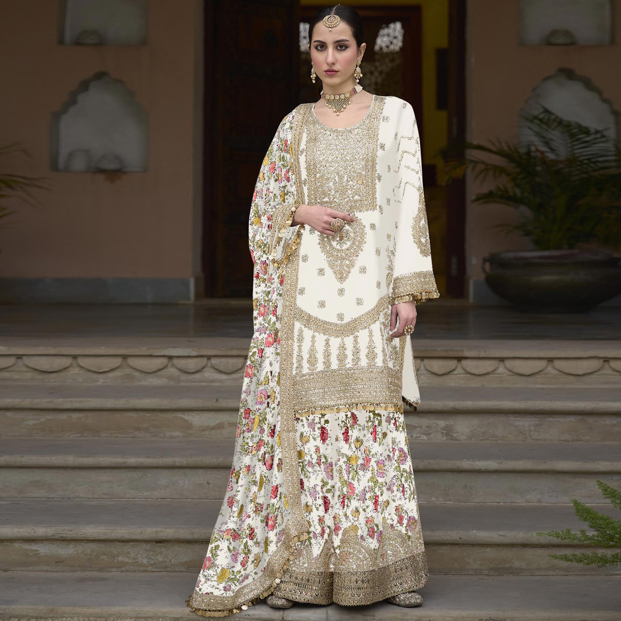 White Floral Sequins Embroidered Chinon Salwar Suit