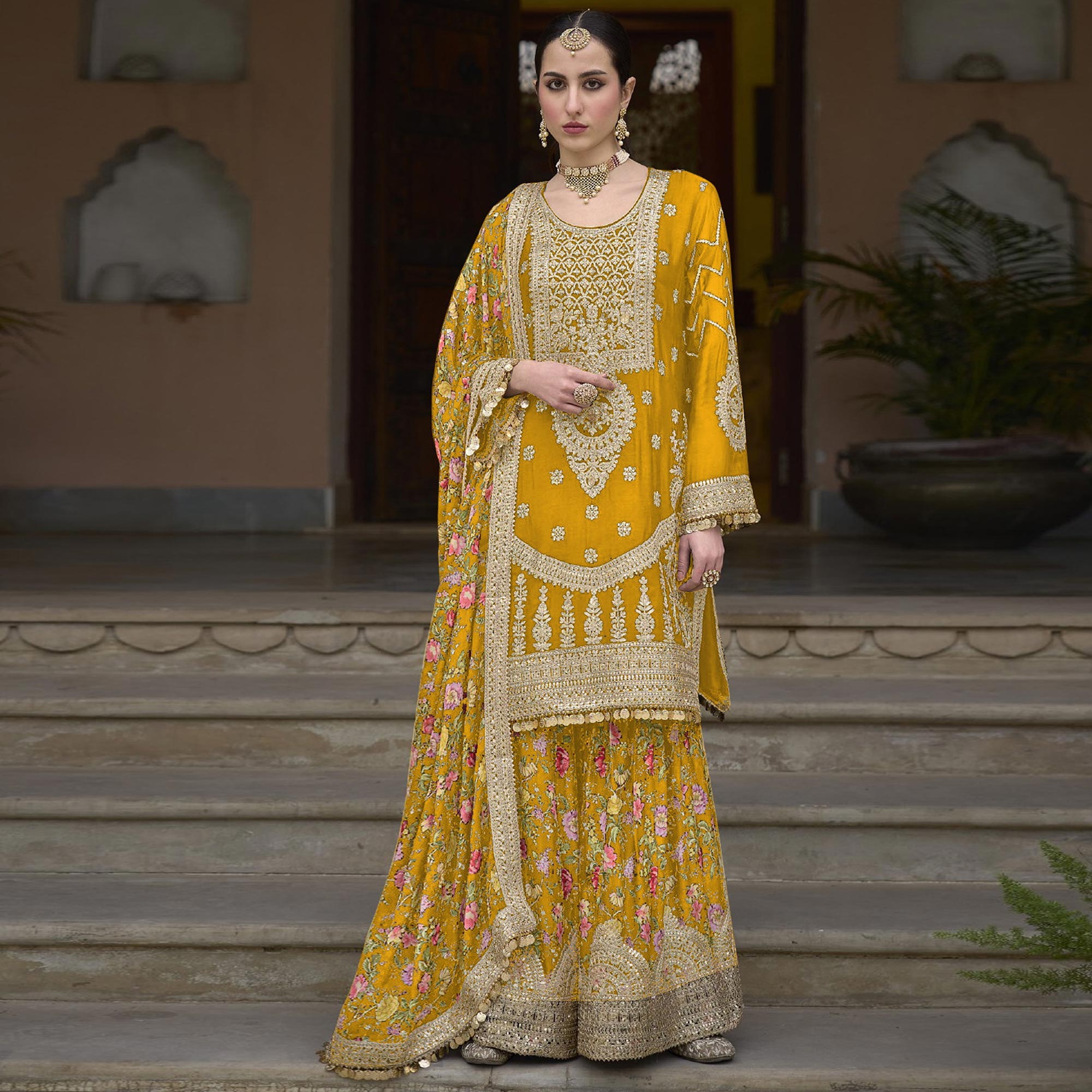 Yellow Floral Sequins Embroidered Chinon Salwar Suit