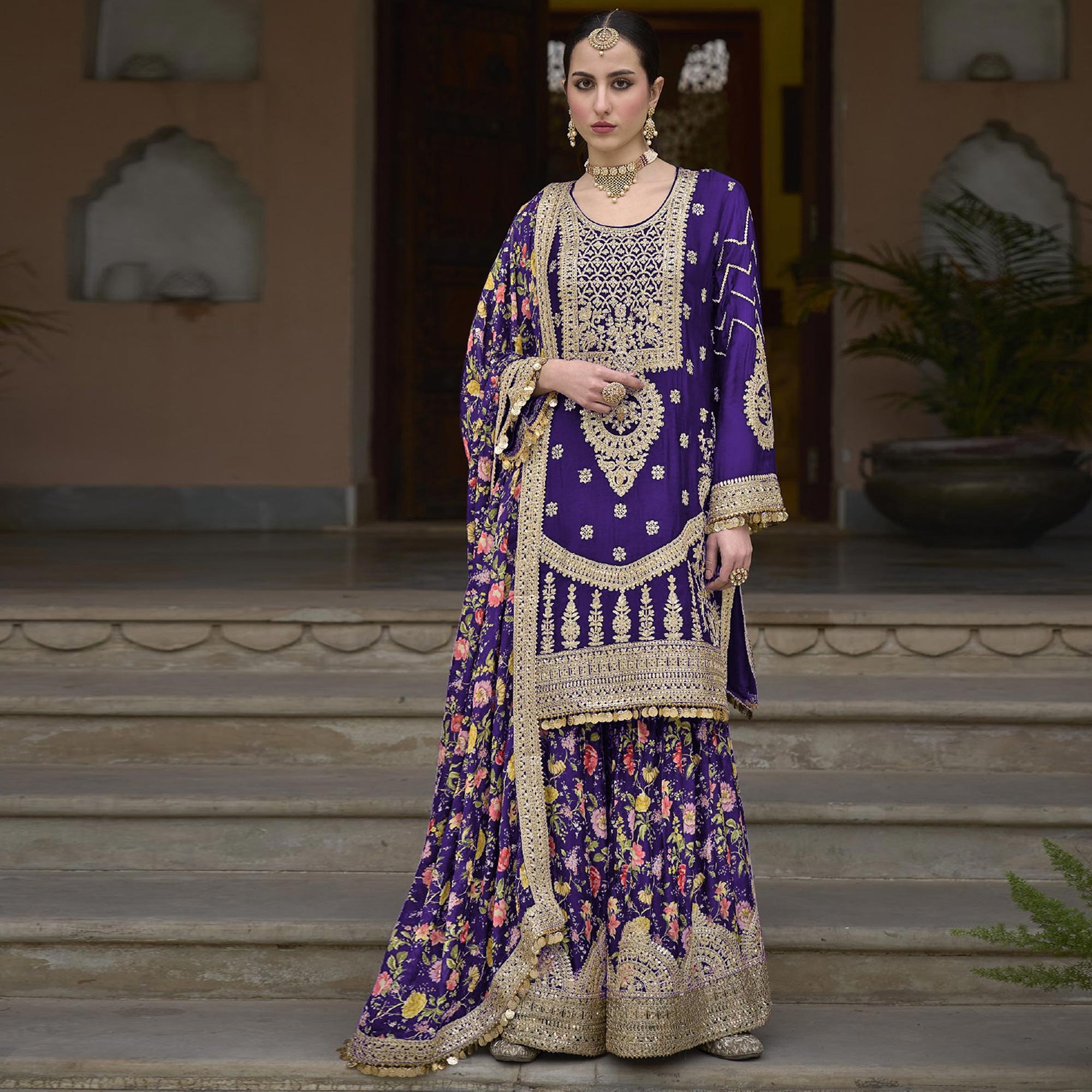 Purple Floral Sequins Embroidered Chinon Salwar Suit