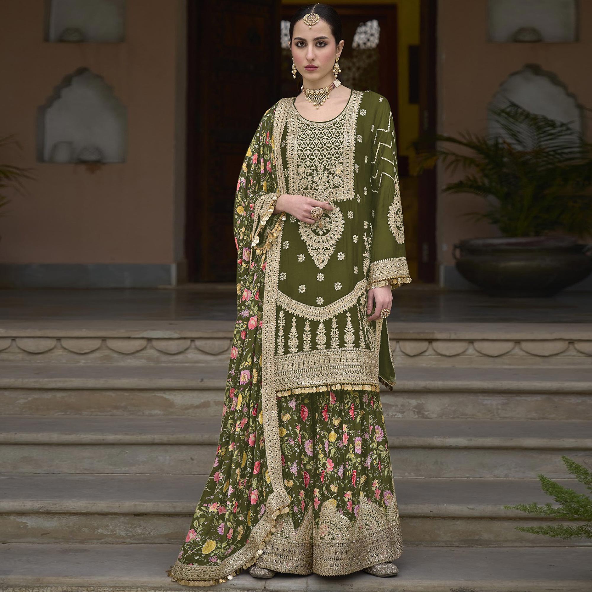 Green Floral Sequins Embroidered Chinon Salwar Suit