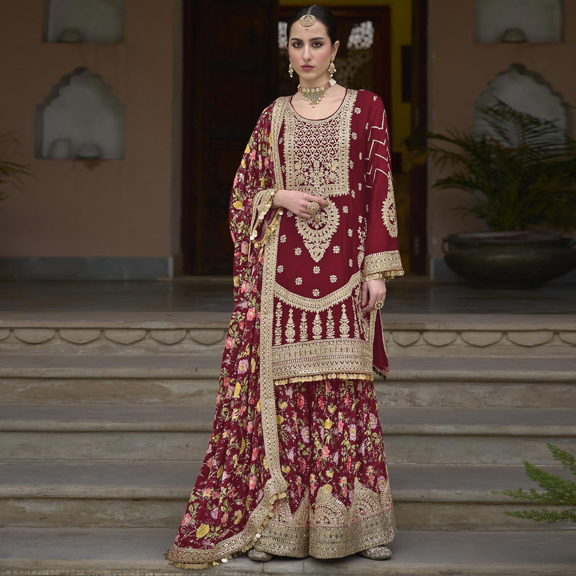 Maroon Floral Sequins Embroidered Chinon Salwar Suit