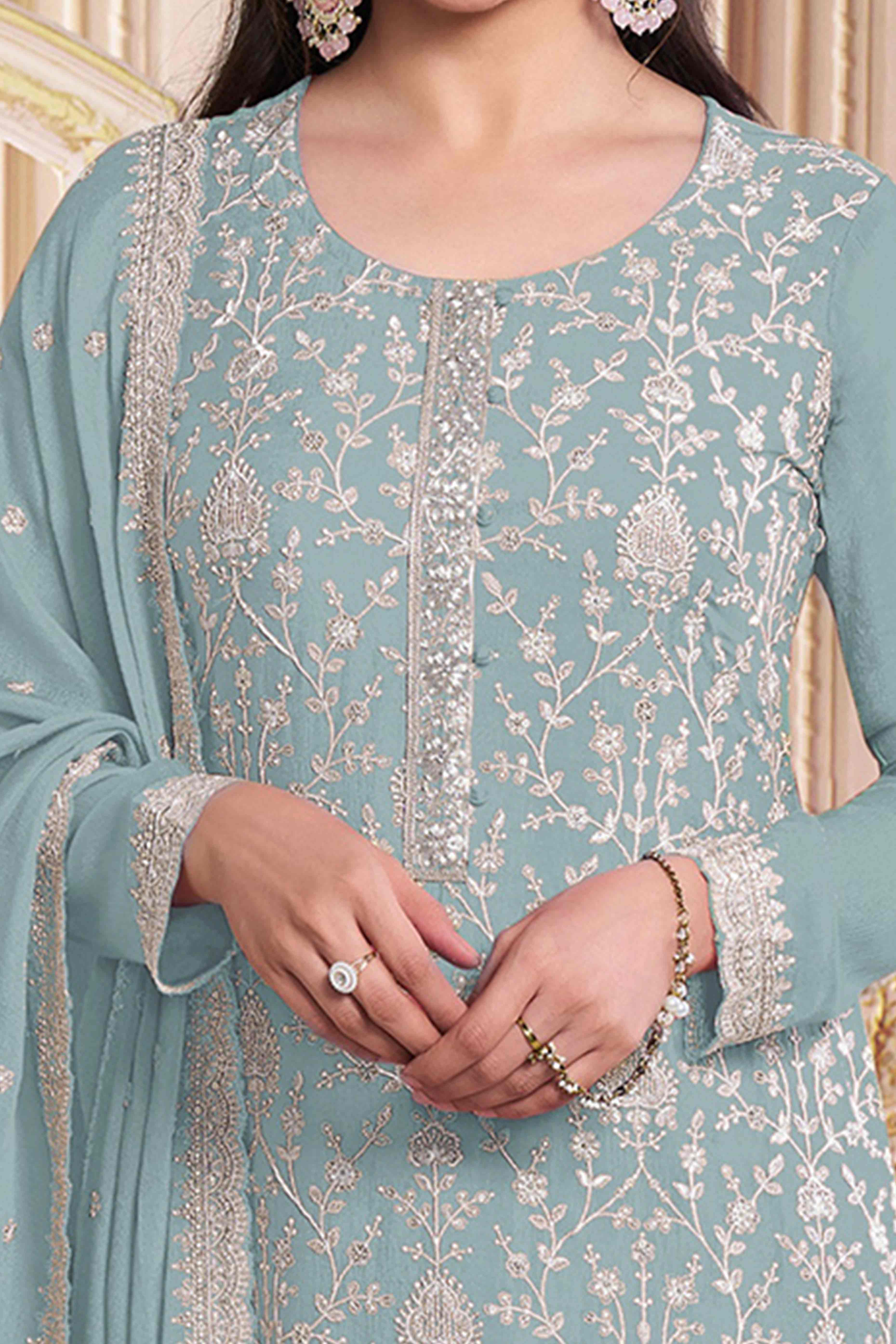Pale Blue Floral Sequins Embroidery Georgette Semi Stitched Salwar Suit