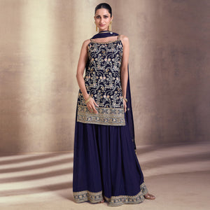 Blue Embroidered Georgette Semi Stitched Dress Material