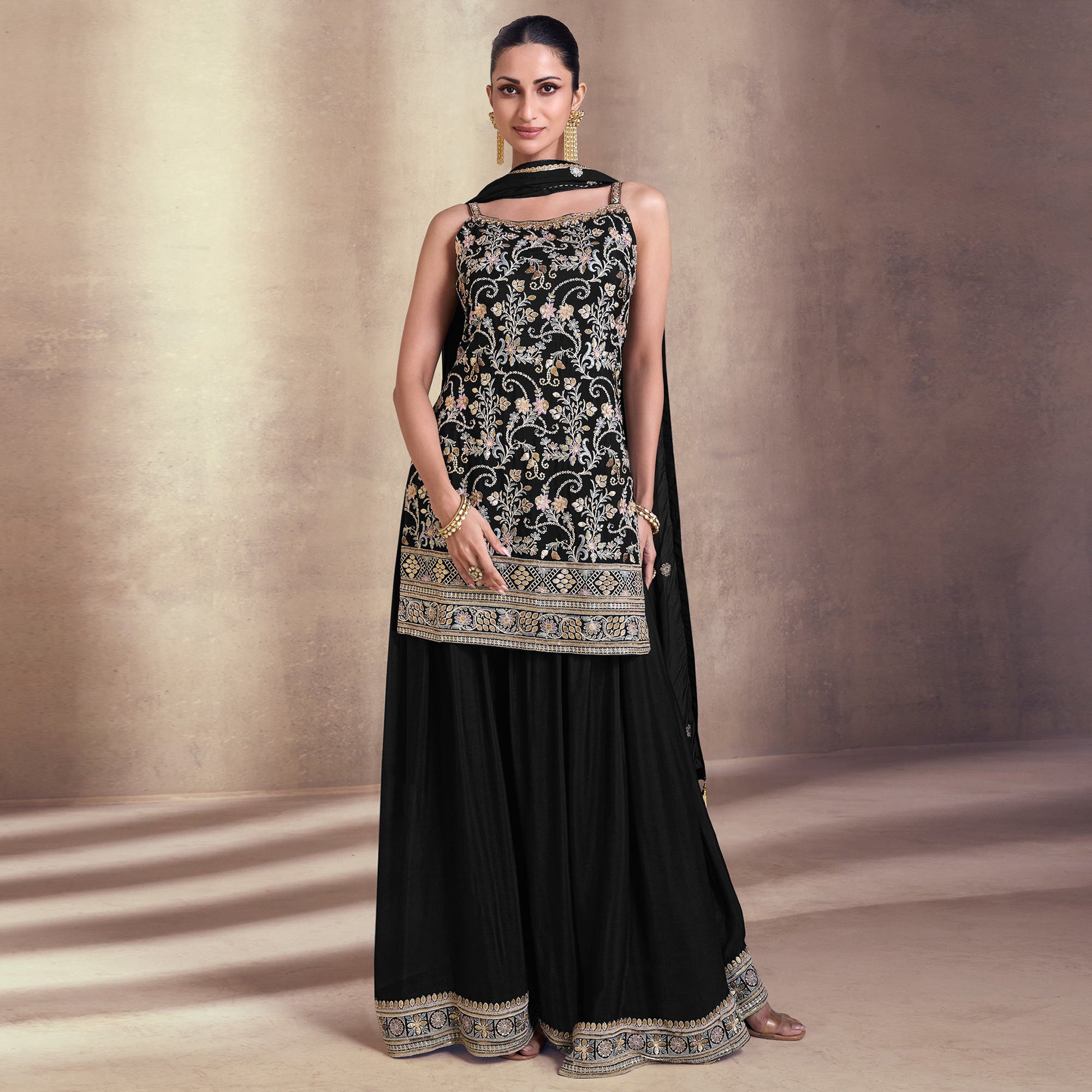 Black Embroidered Georgette Semi Stitched Dress Material