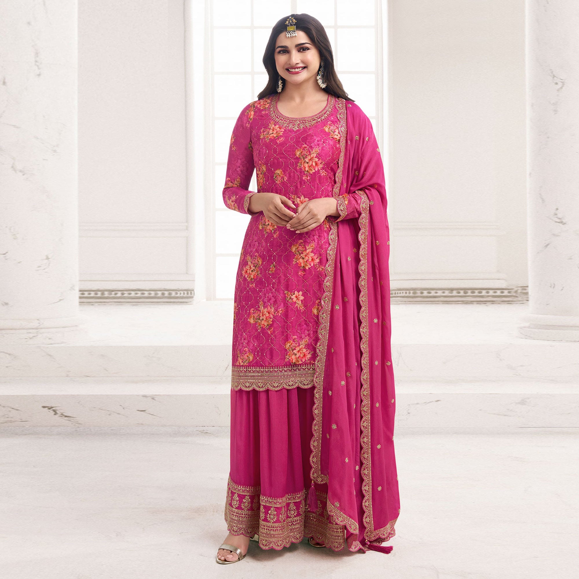 Pink Embroidered Chinon Semi Stitched Dress Material