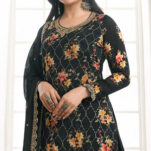 Black Embroidered Chinon Semi Stitched Dress Material