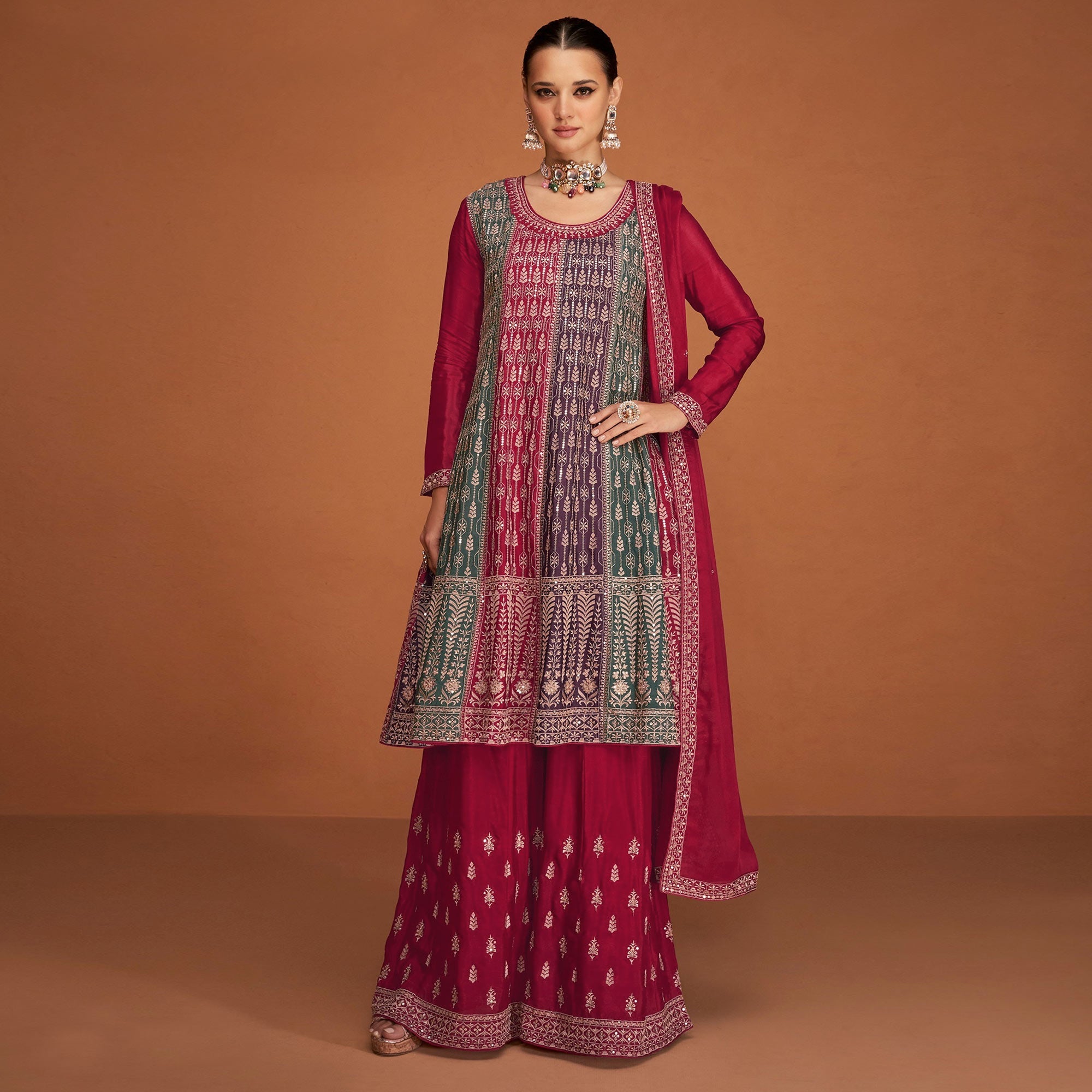 Rani Pink Floral Sequins Embroidered Georgette Sharara Suit