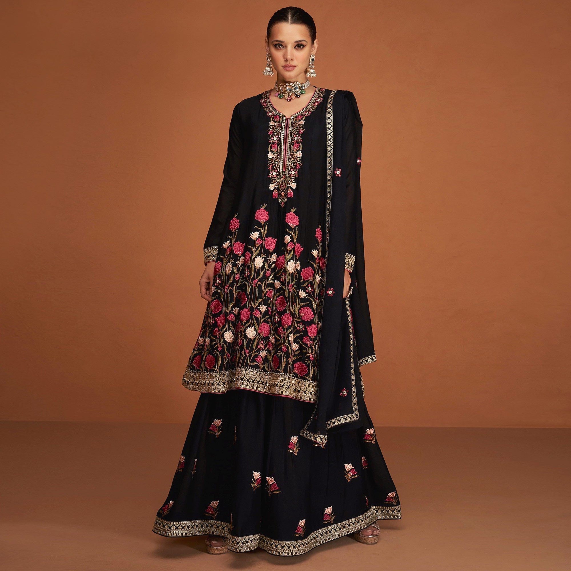 Black Floral Sequins Embroidered Georgette Sharara Suit