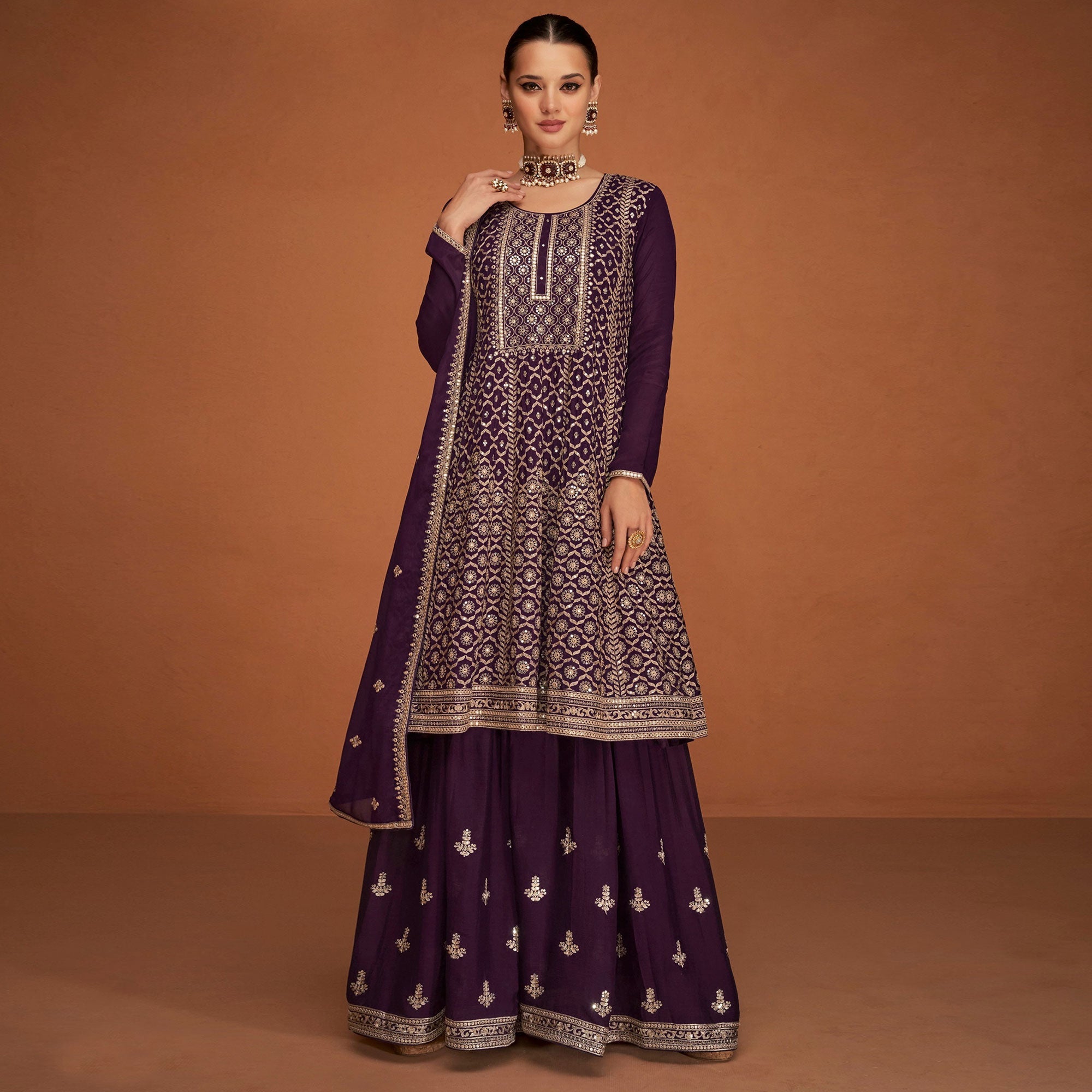 Purple Floral Sequins Embroidered Georgette Sharara Suit