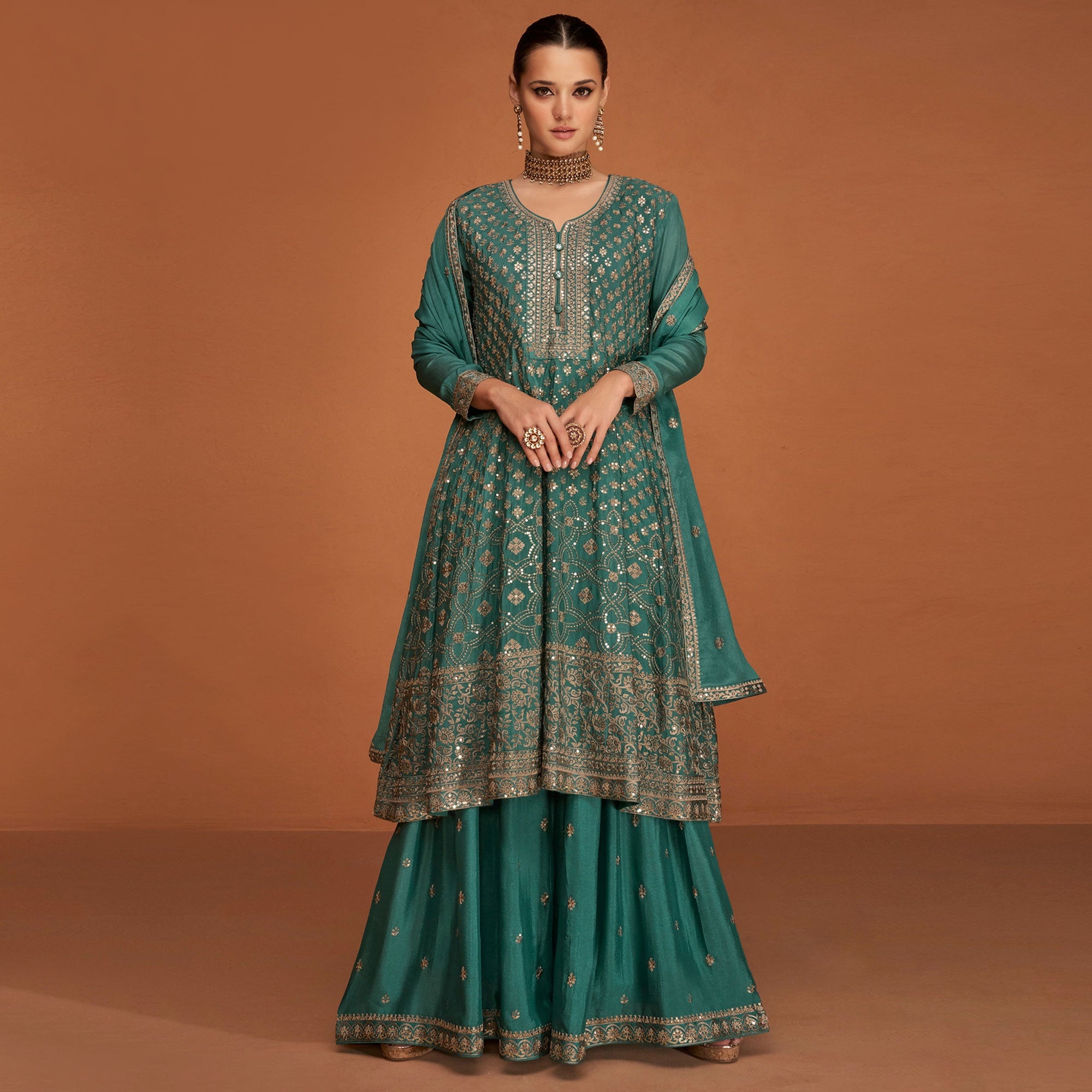 Teal Floral Sequins Embroidered Georgette Sharara Suit