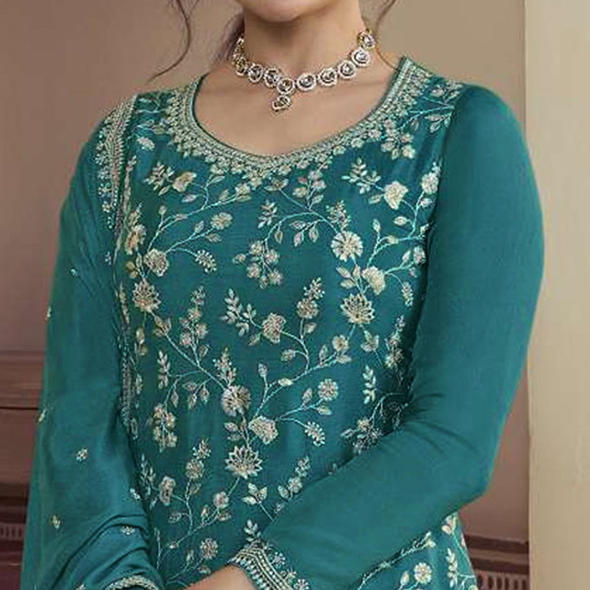 Teal Floral Embroidered Chinon Semi Stitched Sharara Suit