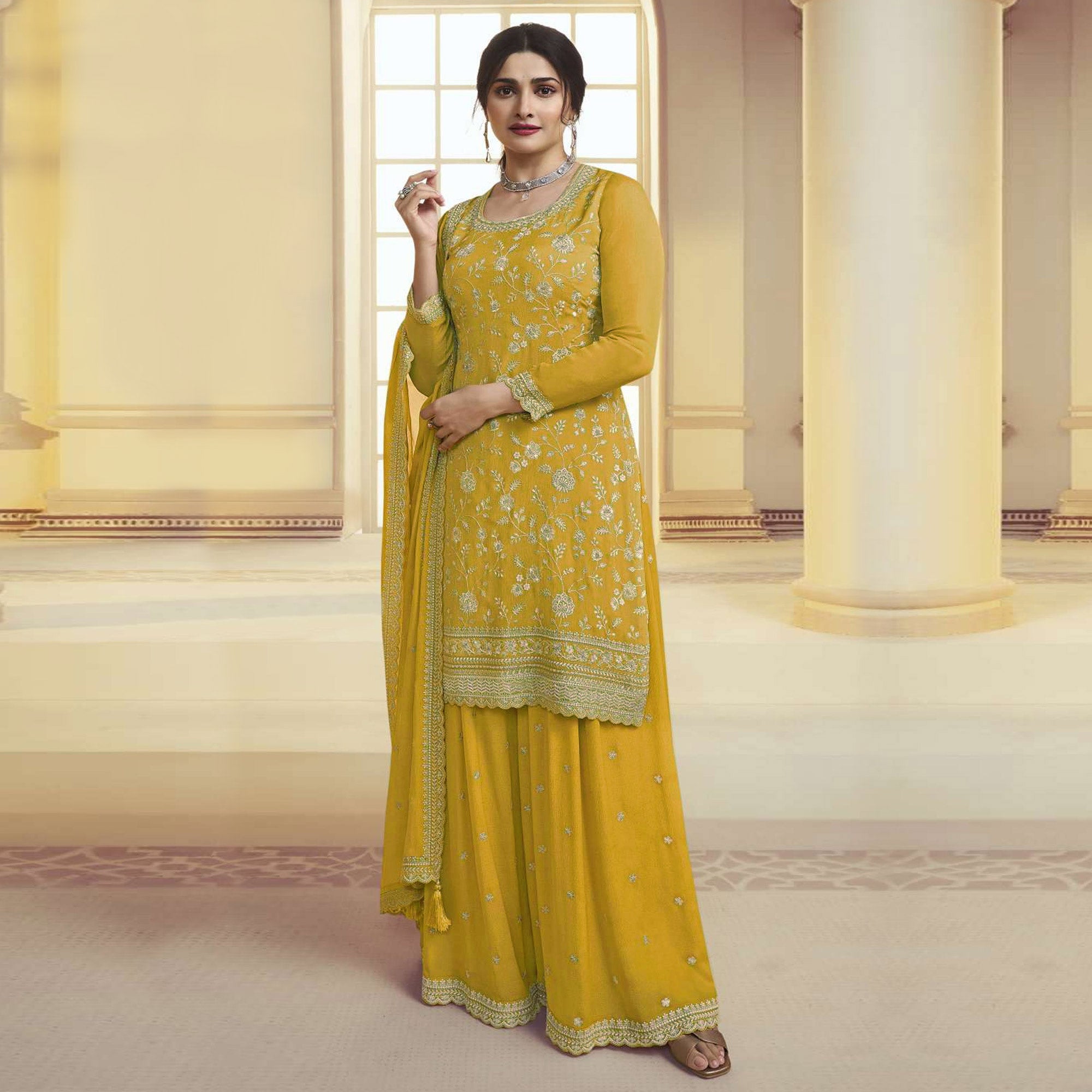 Mustard Floral Embroidered Chinon Semi Stitched Sharara Suit