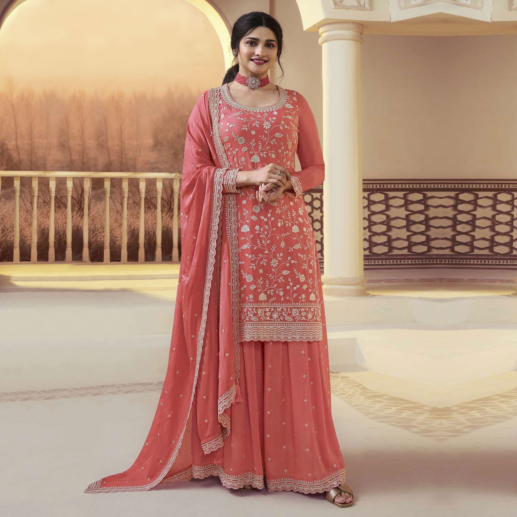 Peach Floral Embroidered Chinon Semi Stitched Sharara Suit
