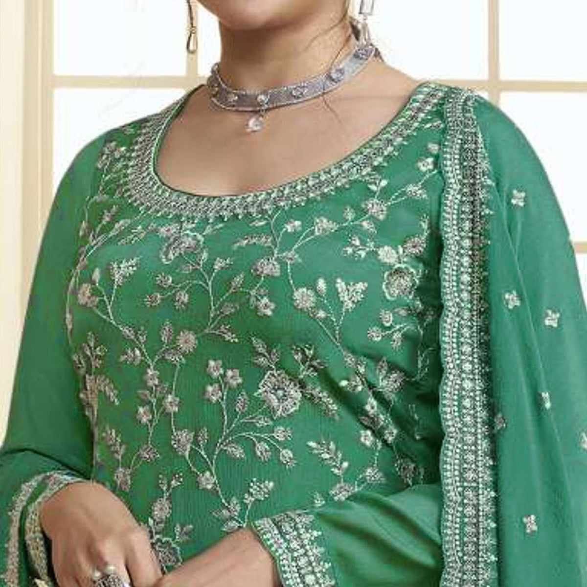 Green Floral Embroidered Chinon Semi Stitched Sharara Suit