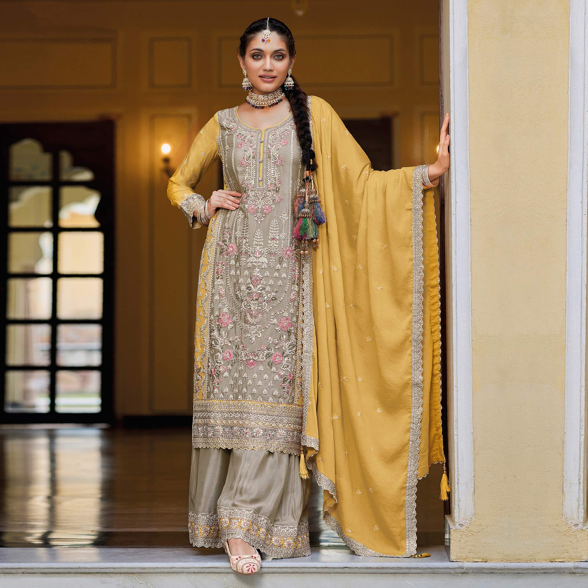 Grey Floral Embroidered Chinon Semi Stitched Palazzo Suit