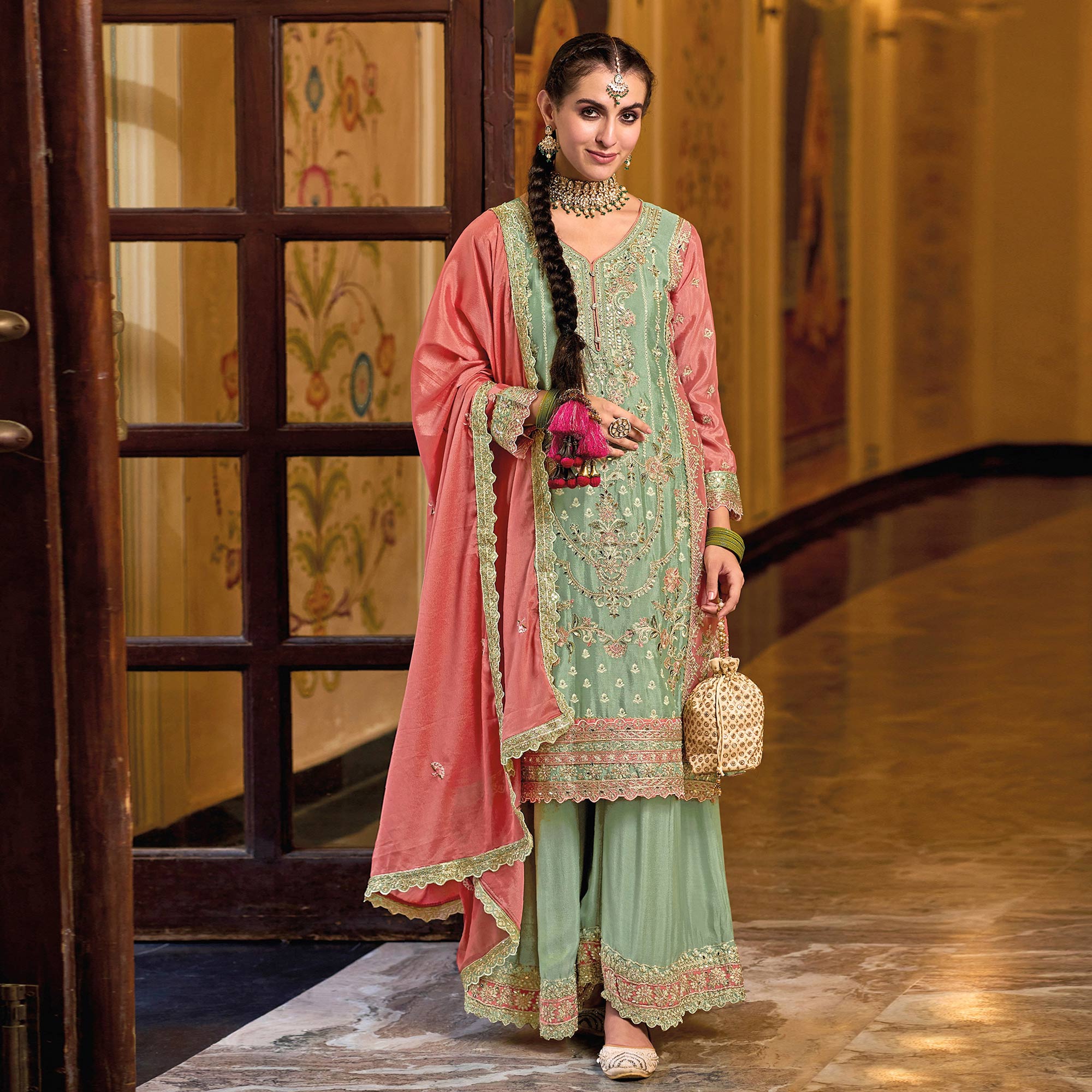 Green Floral Embroidered Chinon Palazzo Suit
