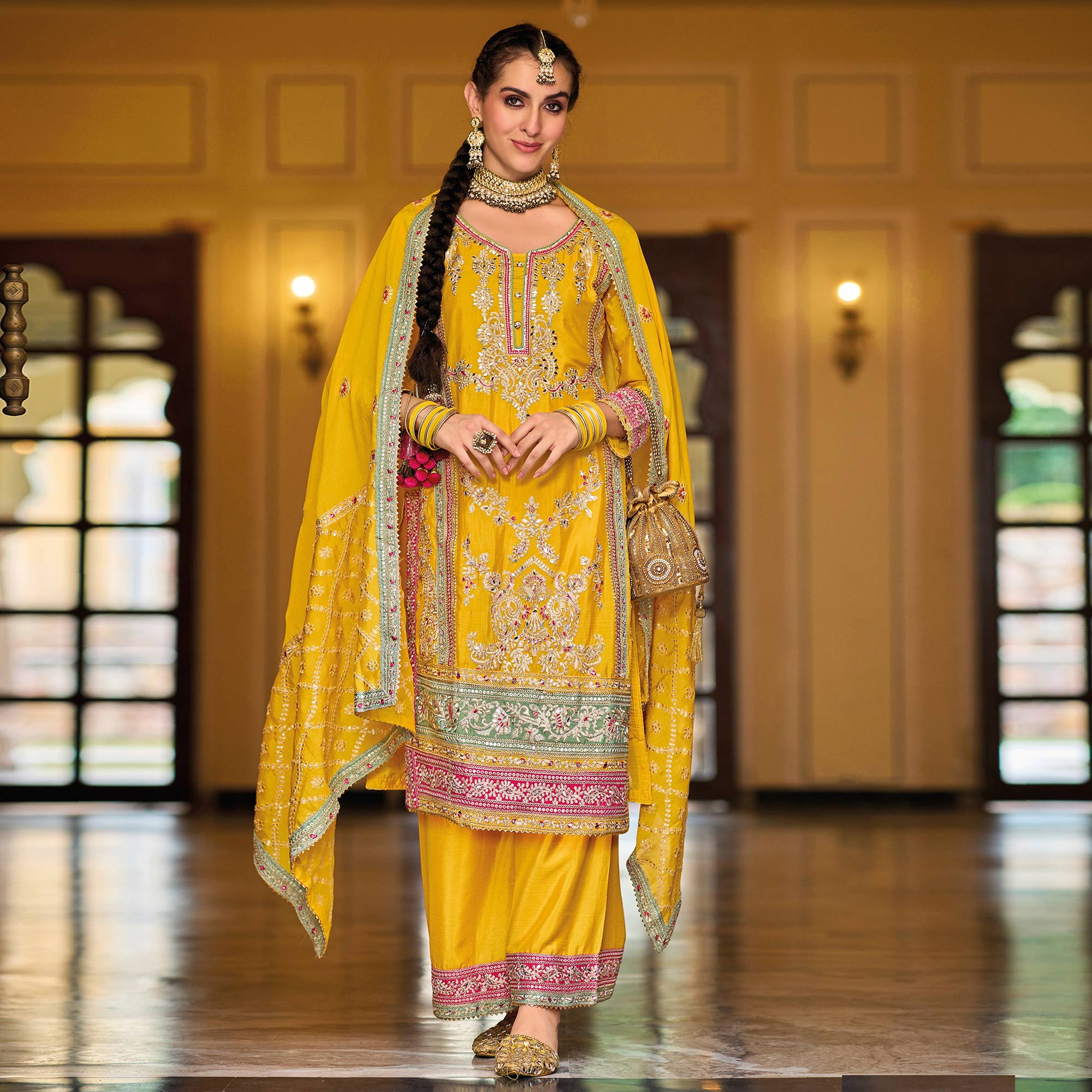Yellow Floral Embroidered Chinon Palazzo Suit