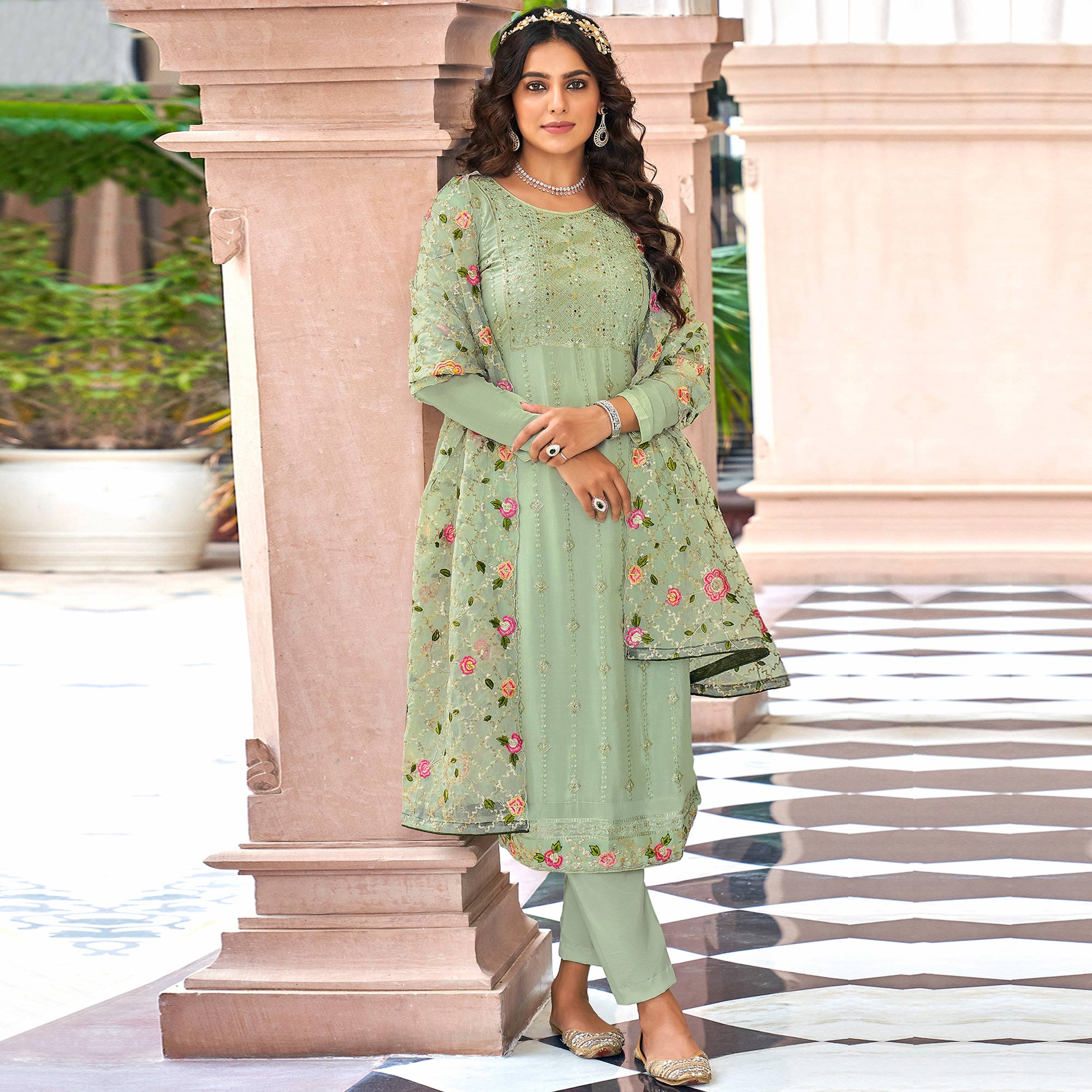 Green Floral Sequins Embroidered Georgette Semi Stitched Salwar Suit