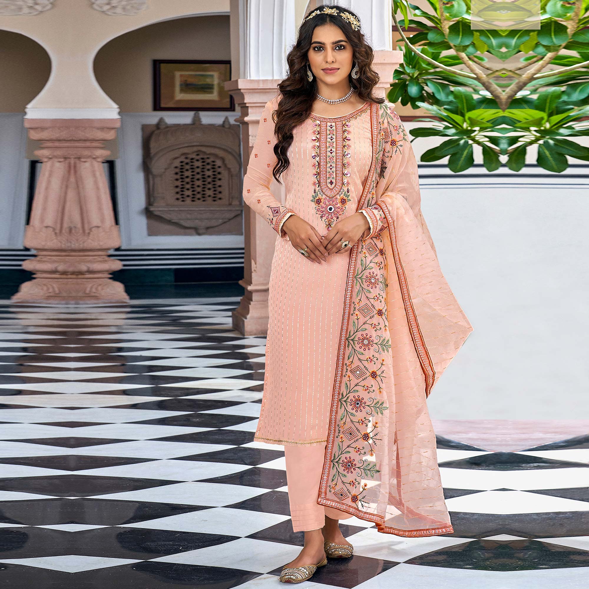 Peach Floral Sequins Embroidered Georgette Semi Stitched Salwar Suit