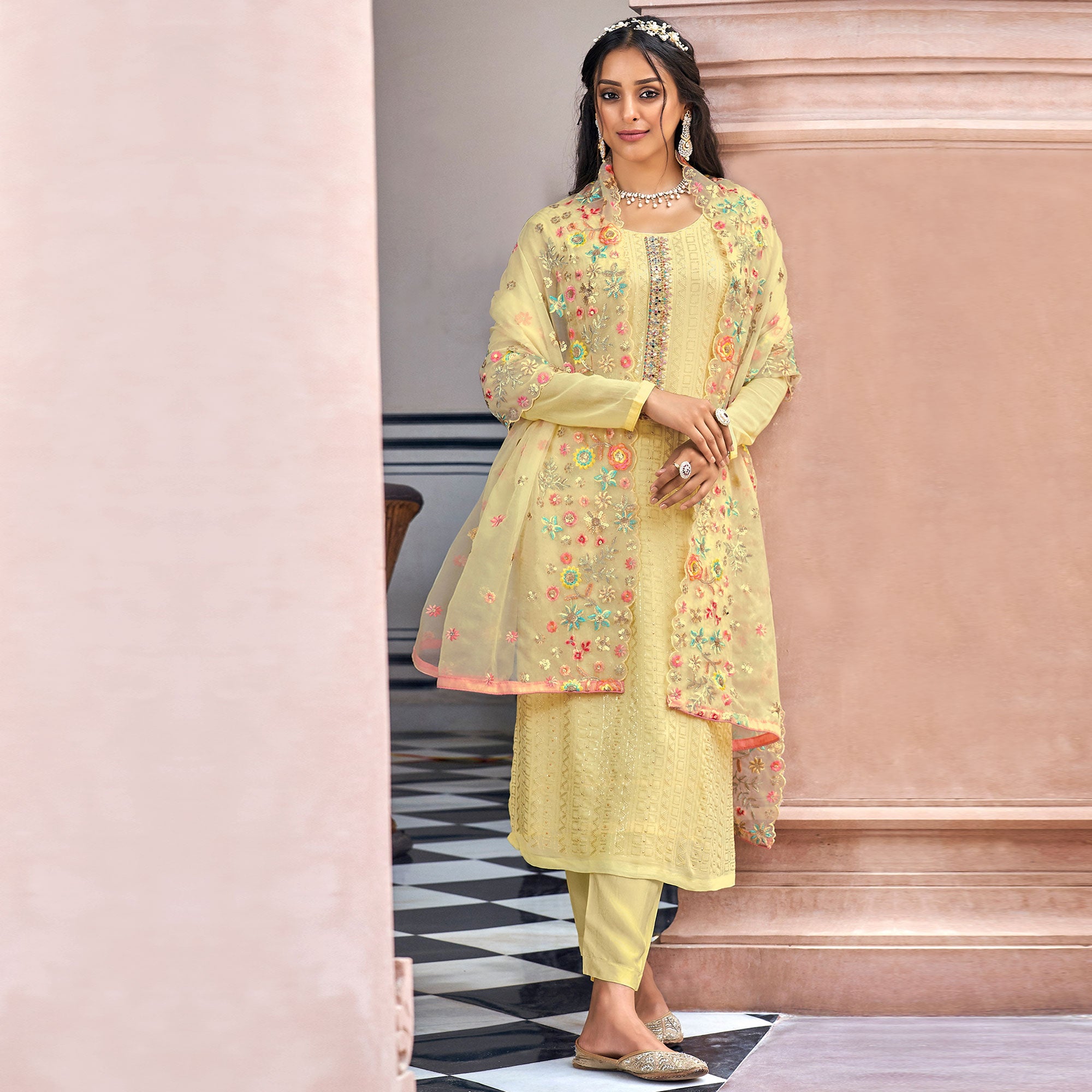 Lemon Yellow Sequins Embroidered Georgette Semi Stitched Salwar Suit