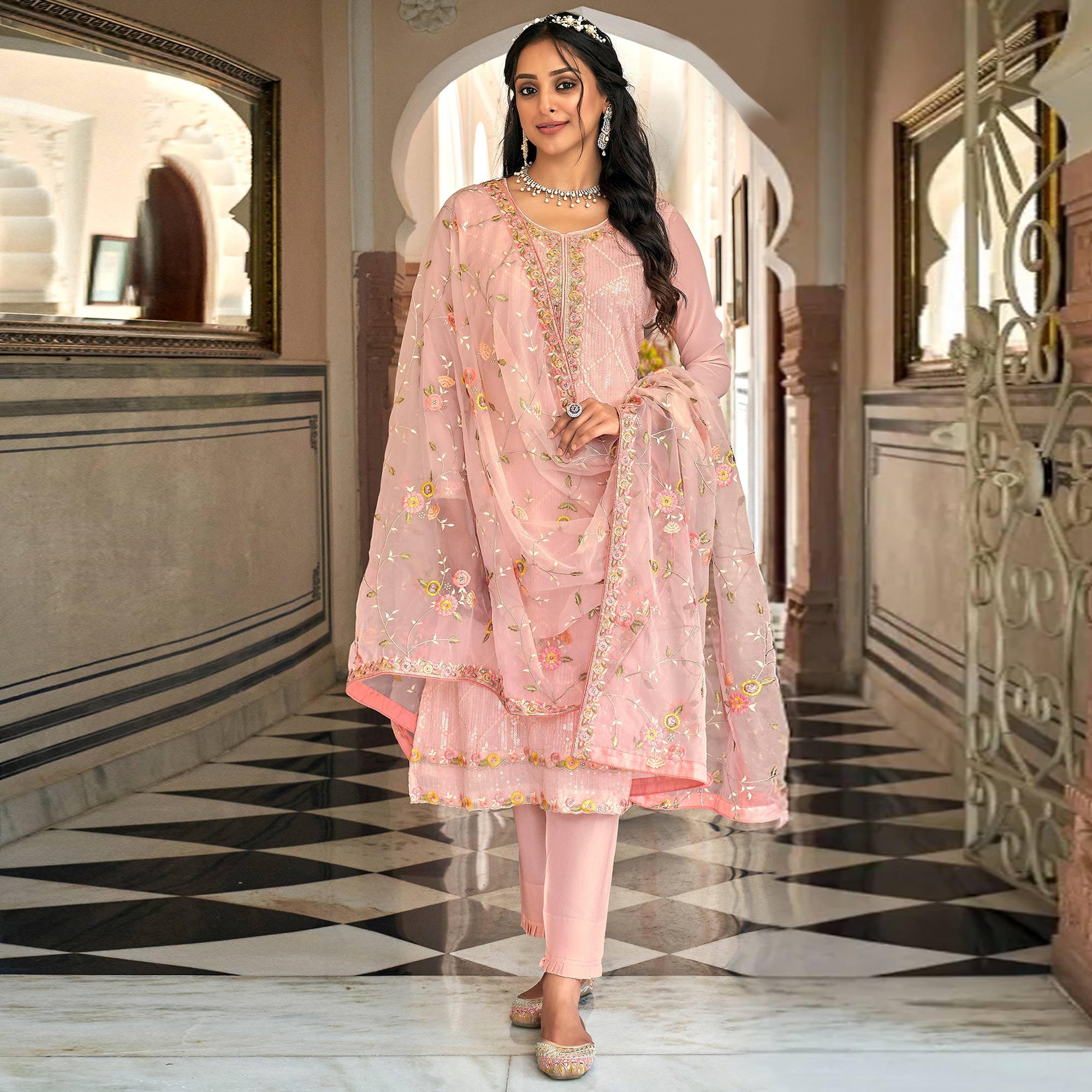 Pink Floral Sequins Embroidered Georgette Semi Stitched Salwar Suit