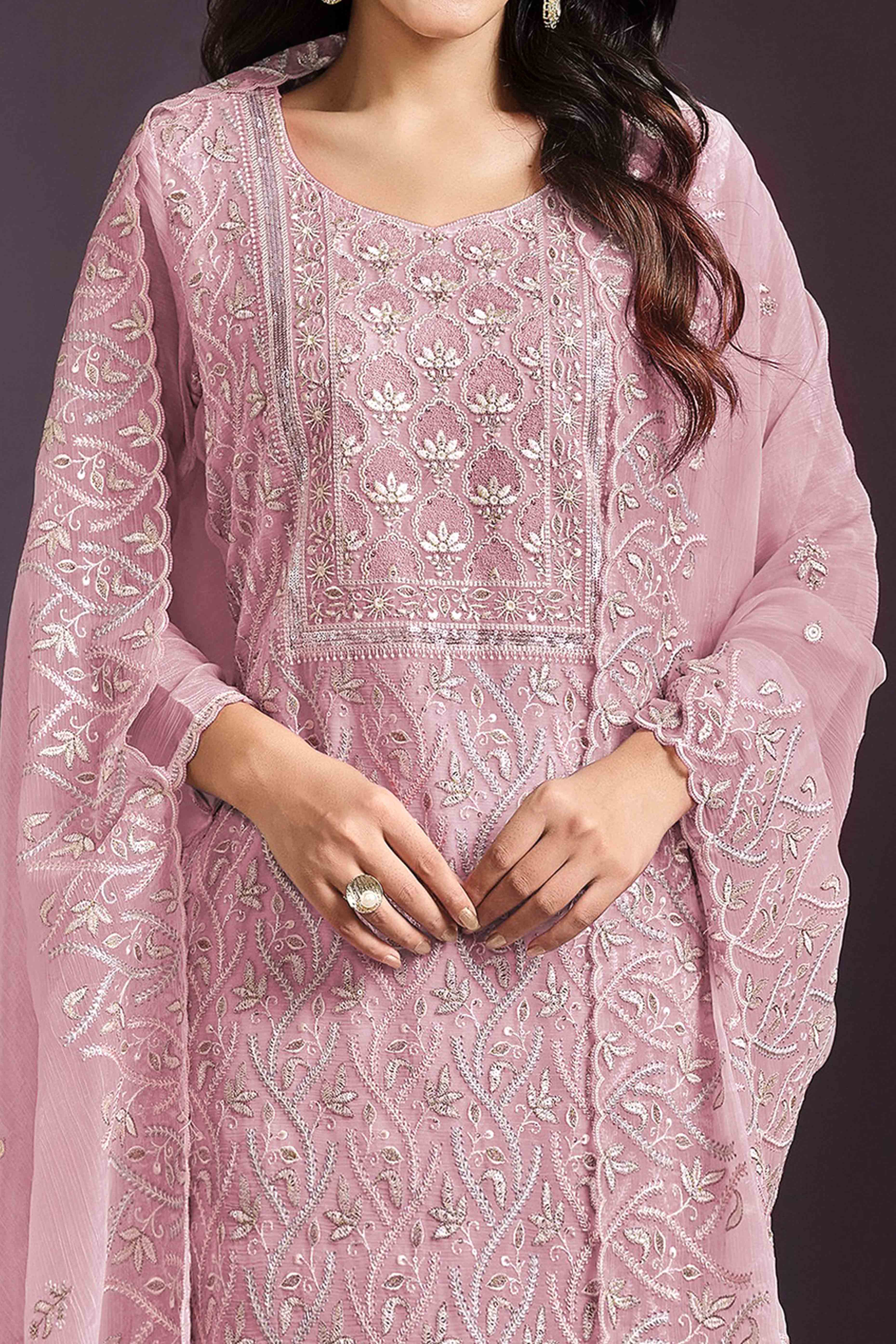 Pink Floral Sequins Embroidered Chinon Semi Stitched Suit