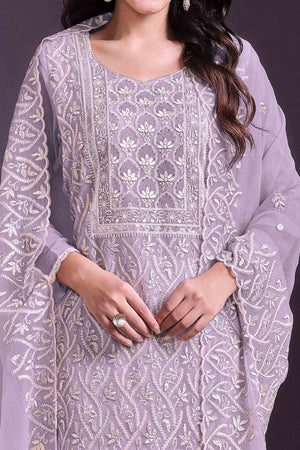 Lavender Floral Sequins Embroidered Chinon Semi Stitched Suit